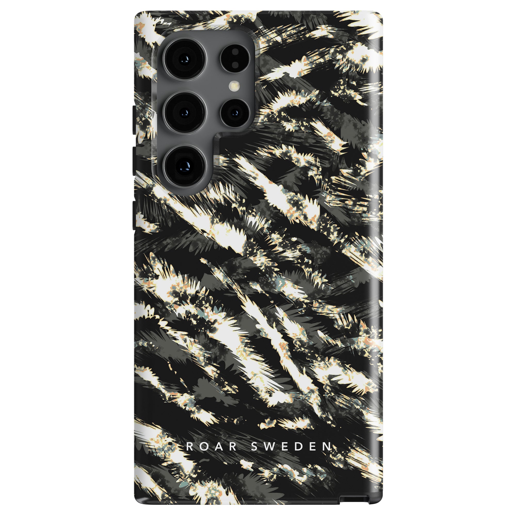 A smartphone with a Dazzle - Tough Case featuring a black and white pattern and the text "ROAR SWEDEN" at the bottom, showcasing both robust design and style.