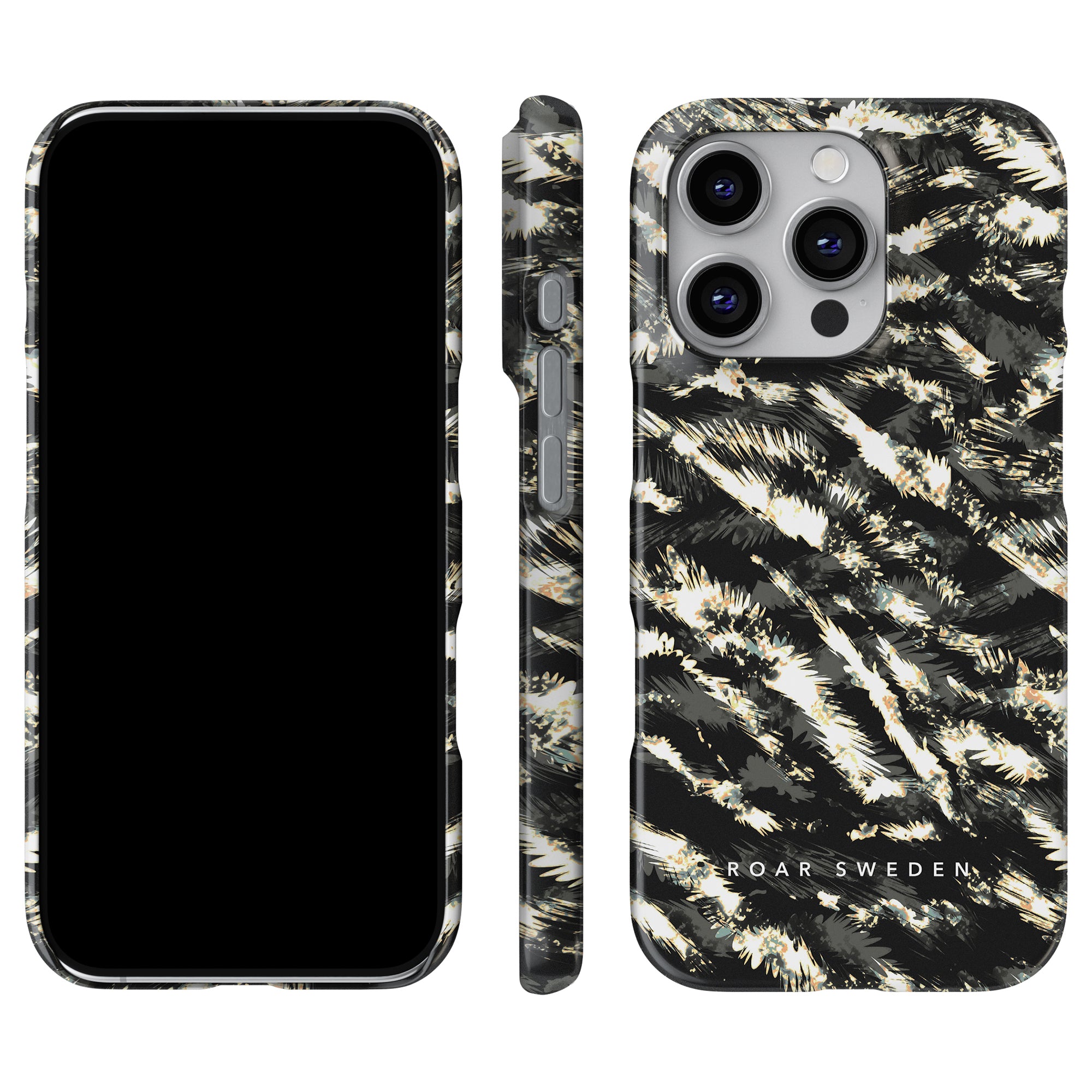 The Dark Leaves - Slim case showcases a bold abstract pattern in black, white, and gold, inspired by the appearance of dark leaves. It is displayed from front, side, and back views for a comprehensive overview.