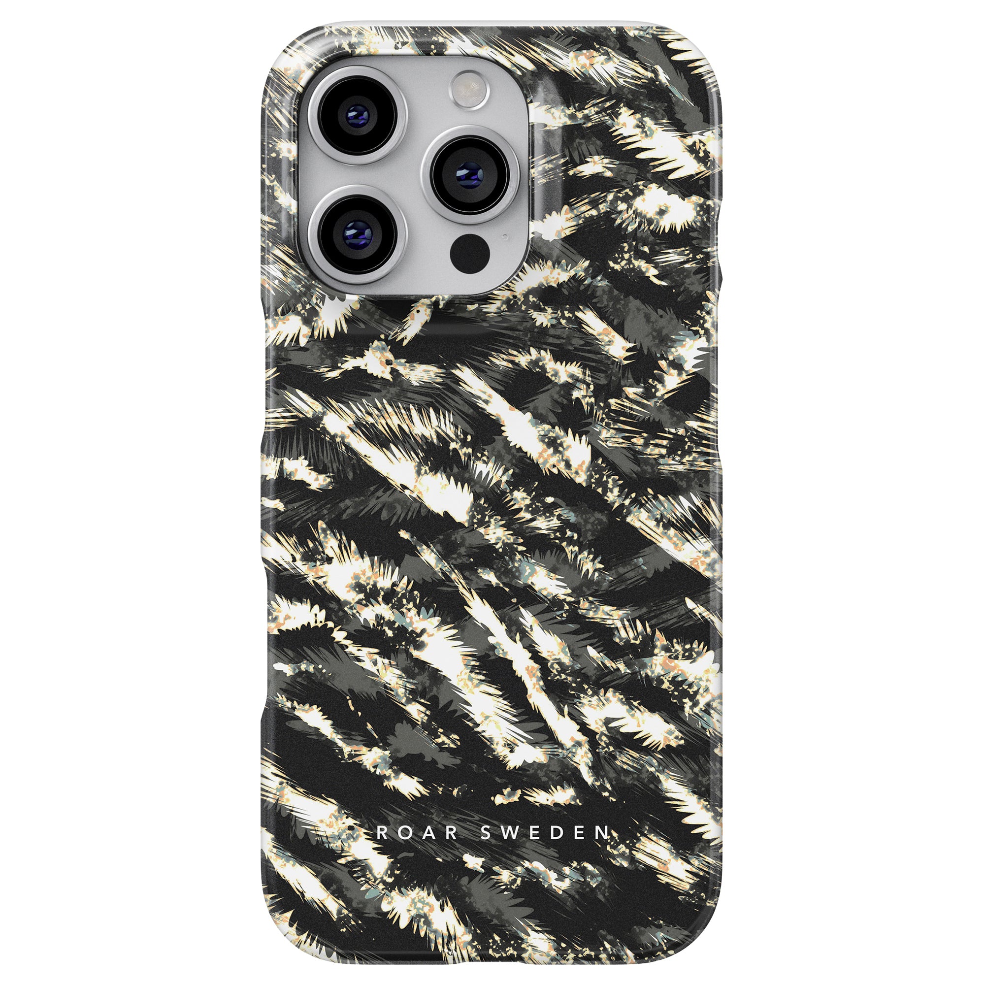 Dark Leaves - Slim case, featuring a black and white abstract brush pattern from the Jungle Collection. This sleek design accommodates three camera lenses with "Roar Sweden" elegantly printed at the bottom.