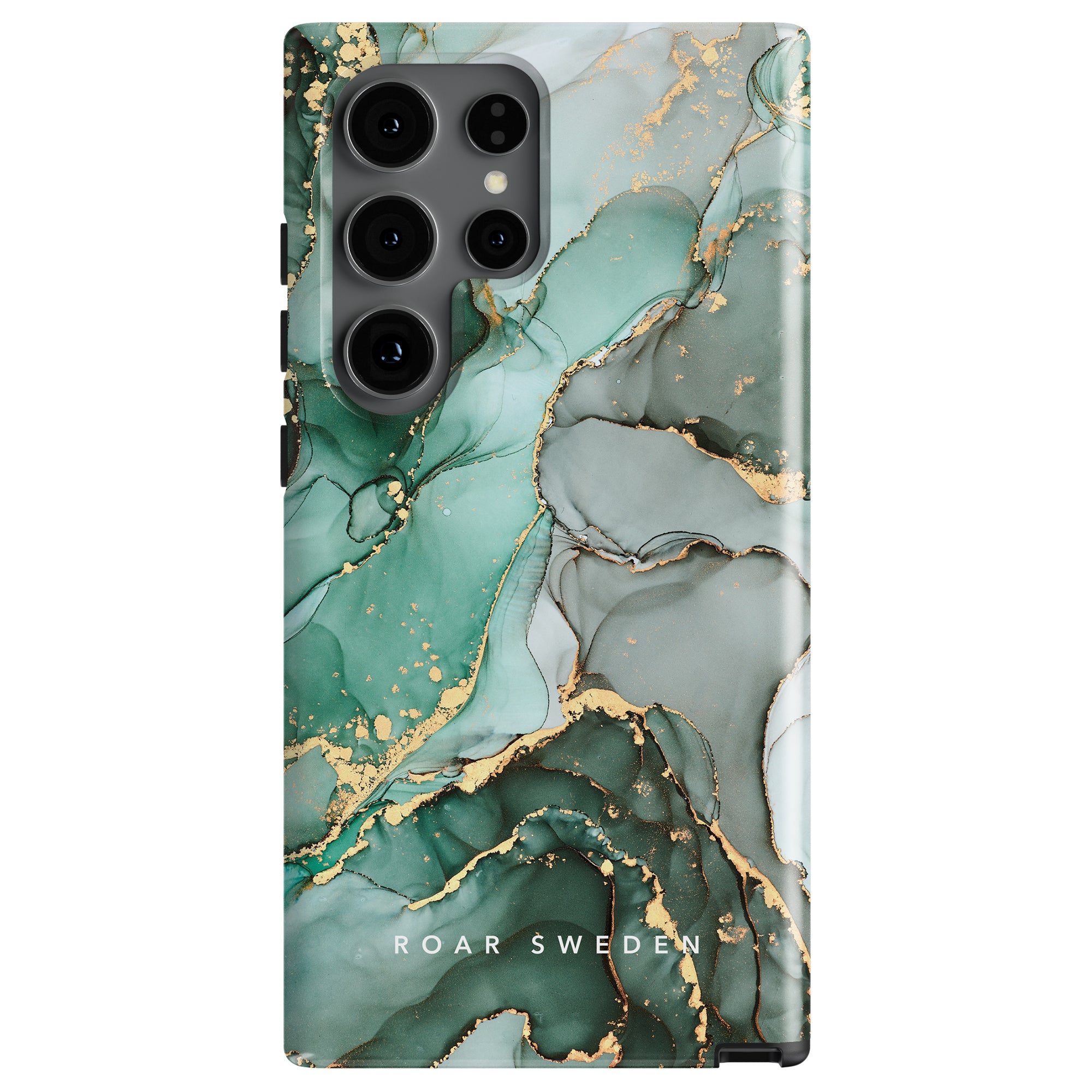 A smartphone case with a green and gold swirling marble design, featuring the brand name "ROAR SWEDEN" at the bottom. This Emerald - Tough case offers robust skydd while showcasing an elegant marmor design.