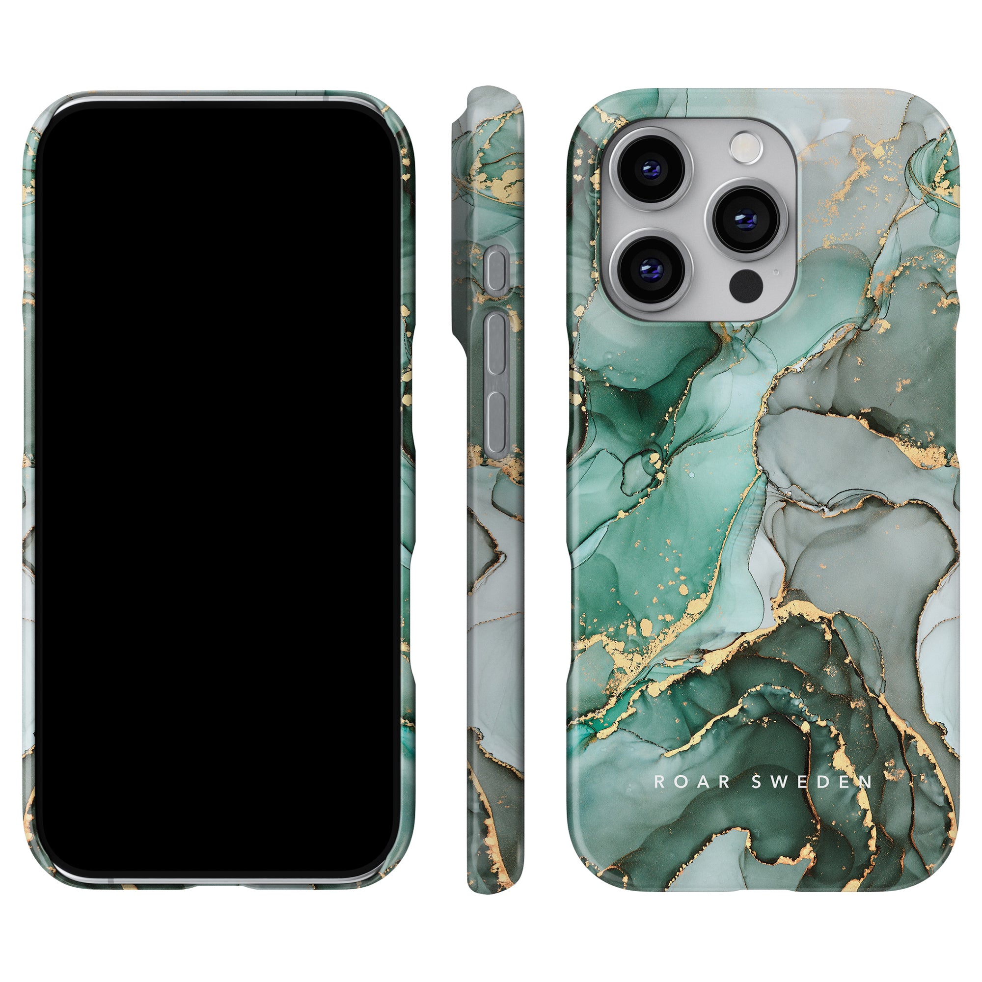 The Emerald - Slim case provides a protective barrier and showcases a striking marble-patterned design in teal and gold, beautifully displayed from the front, side, and back.