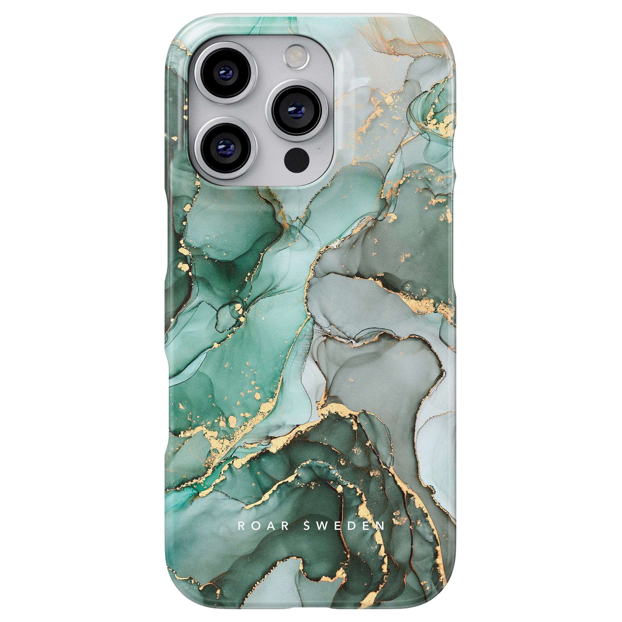 This smartphone is adorned with the Emerald - Slim case, which includes a protective barrier and features a sophisticated green and gold marble design elegantly inscribed with "ROAR SWEDEN.