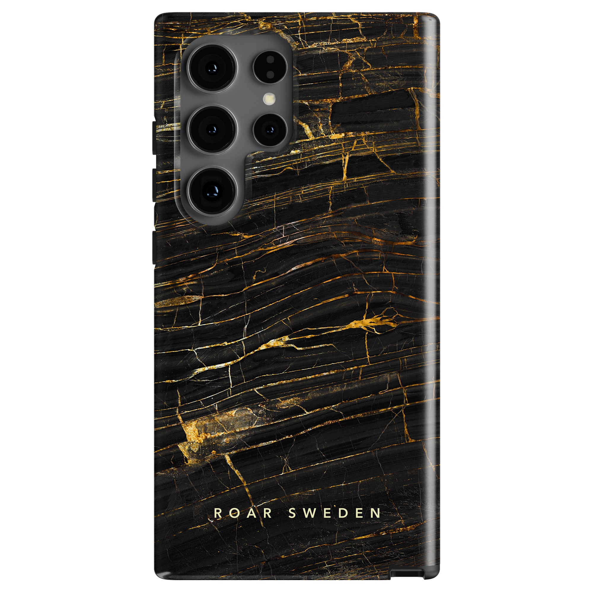 A phone case with a black marble design featuring gold veins and the text "ROAR SWEDEN" at the bottom. This Emperador - Tough Case showcases four camera lenses on the phone.