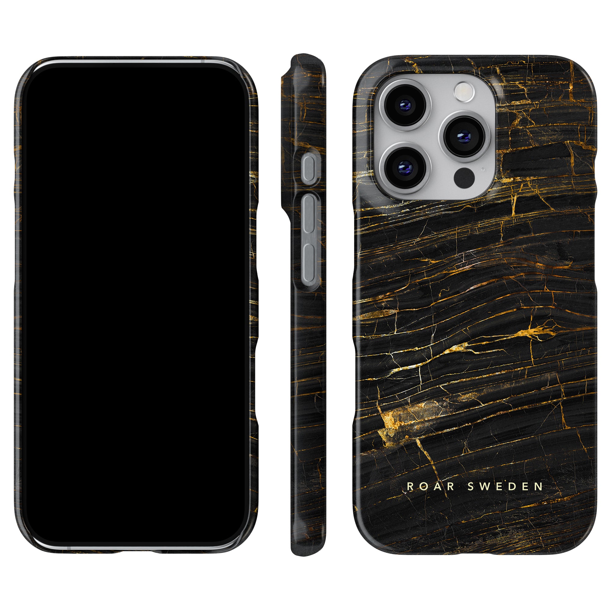 This smartphone, displayed with front, side, and back perspectives, features a stylish black and gold marbled case from "Roar Sweden." The Emperador - Slim case design combines elegant style with sturdy protection.