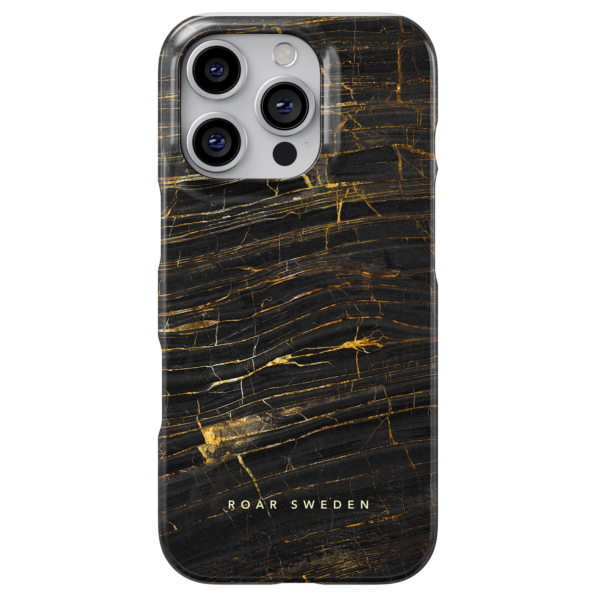 The Emperador - Slim case, featuring a black marble pattern with gold veining and labeled "Roar Sweden," provides stylish protection for your smartphone with triple camera lenses.