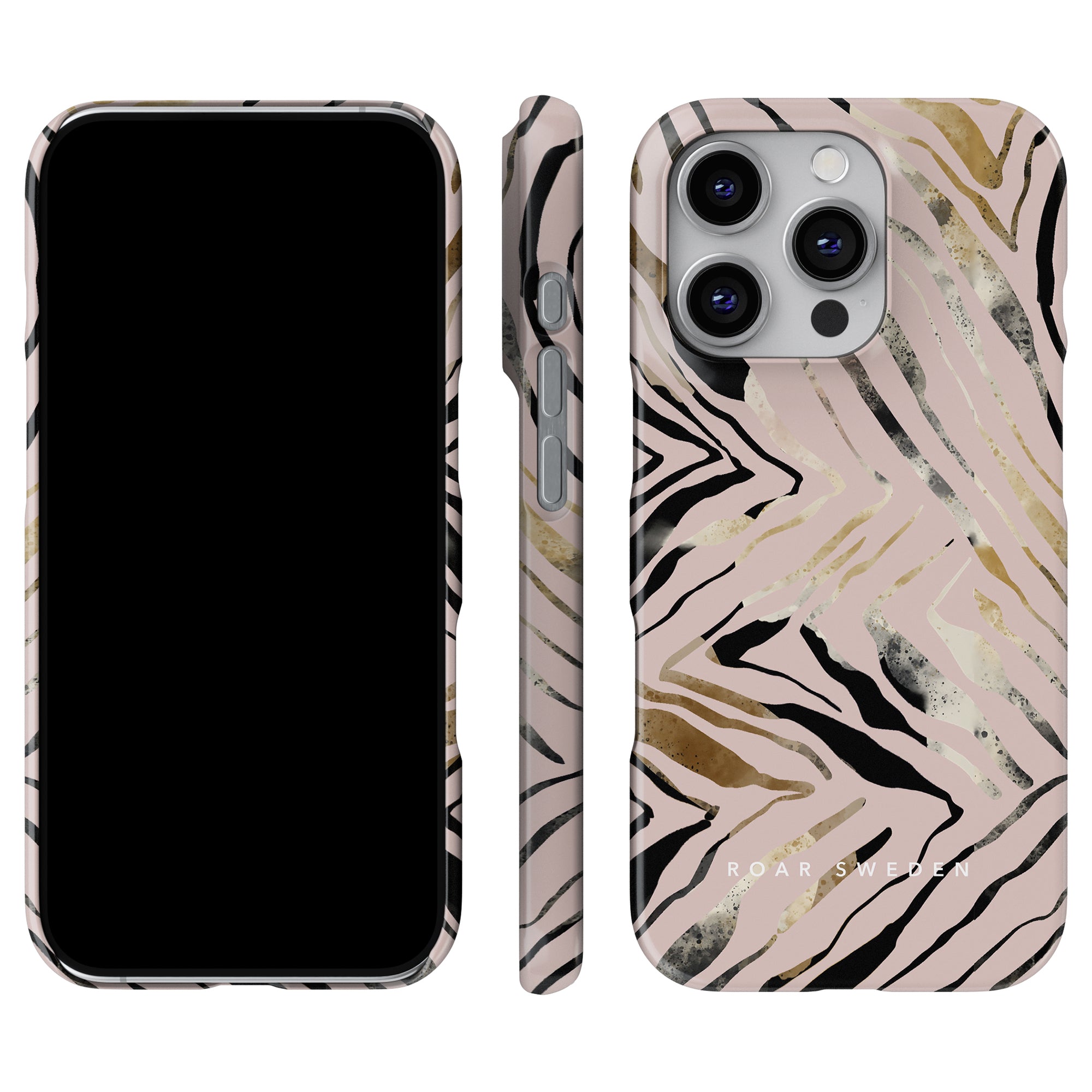 Presenting the Fashionable Zebra - Slim case, featuring a chic pink, black, and gold abstract zebra pattern. This stylish mobilskal is shown on a phone from front, side, and back views and brings a touch of Roar Sweden elegance to your device.