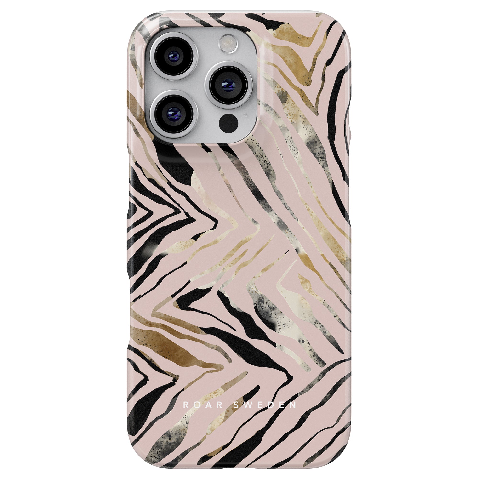 This smartphone is adorned with the Fashionable Zebra - Slim case design, featuring a stylish zebra pattern and enhanced by its slim-case mobilskal style along with triple camera lenses.