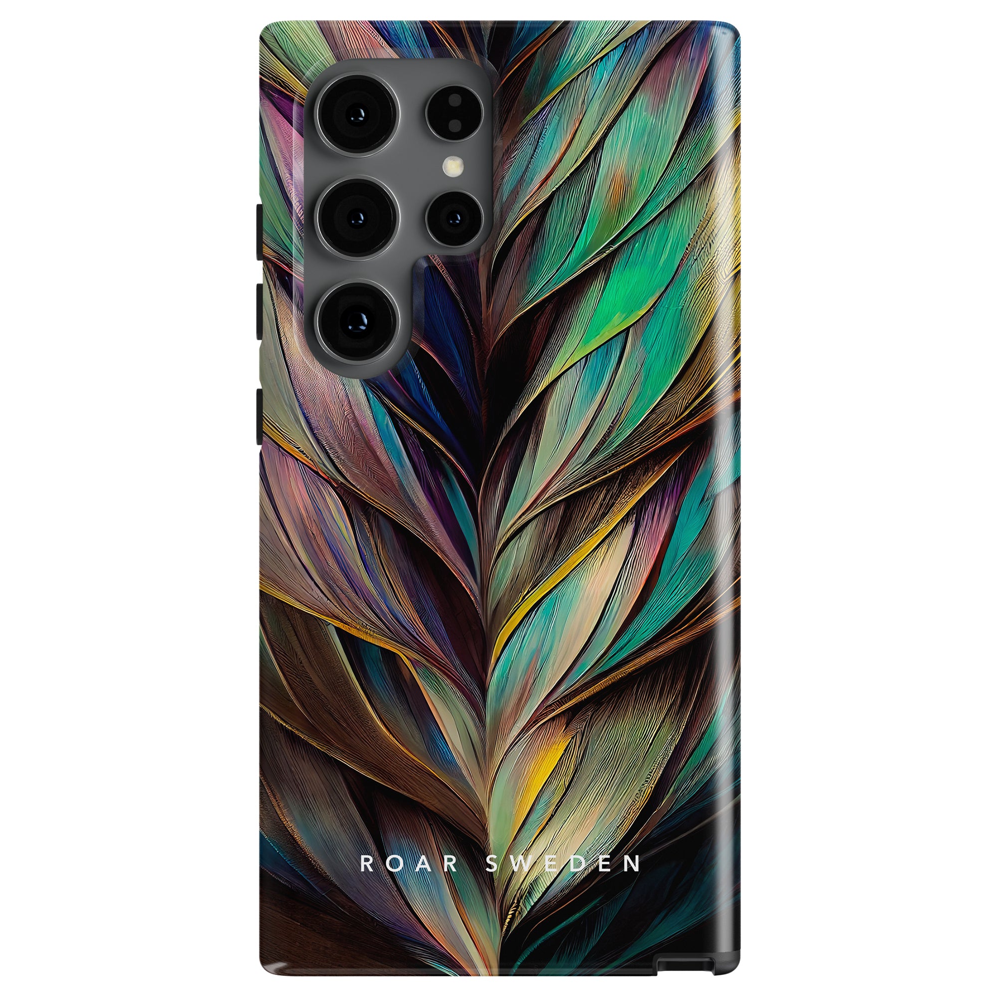 Smartphone with a vibrant, feather-like patterned case from ROAR SWEDEN, featuring the Feathers - Tough case for added flair and skydd mot repor.