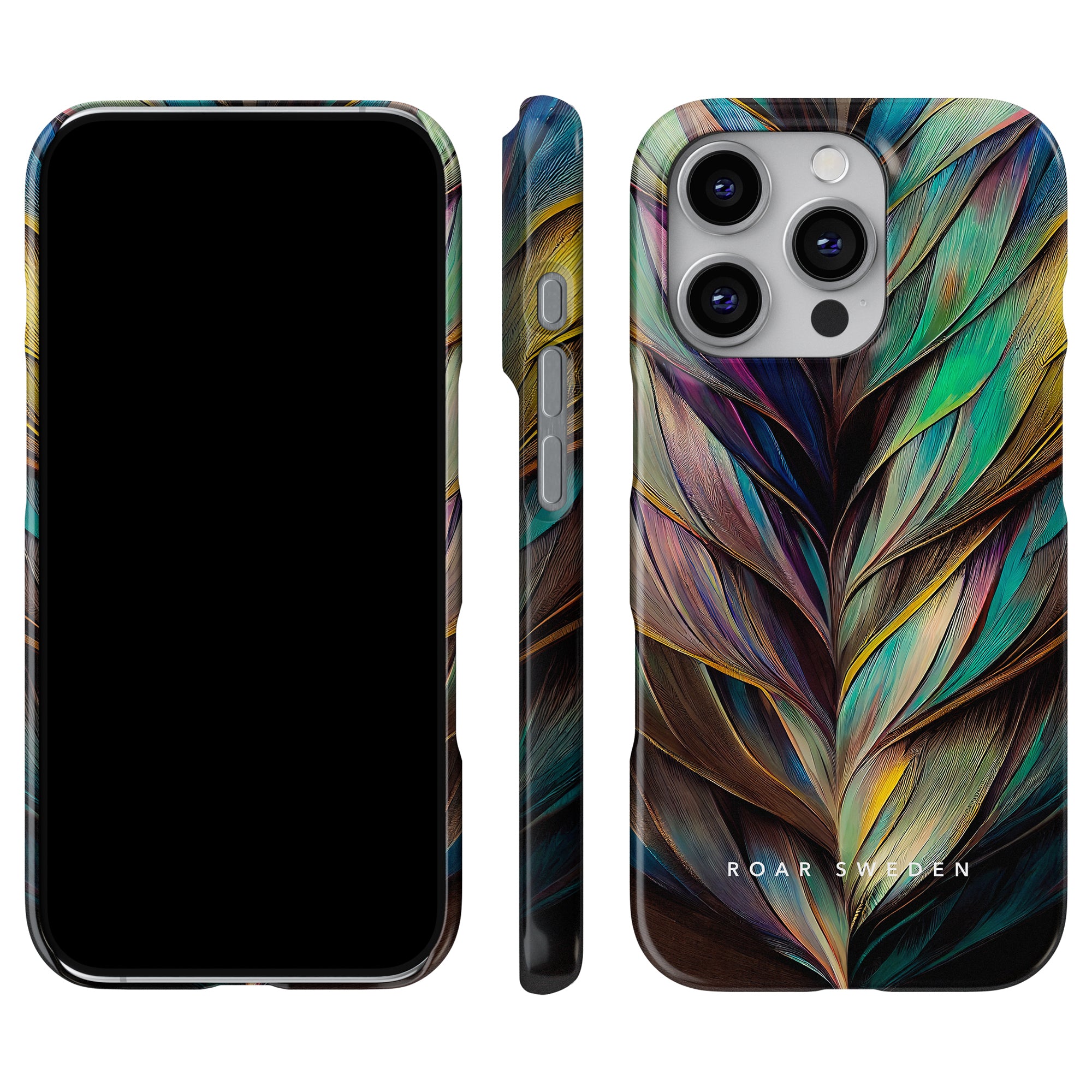 The Feathers - Slim case by Roar Sweden features a vibrant, abstract design of färgglada fjädrar, offering protection for your smartphone while adding a splash of artistic flair.