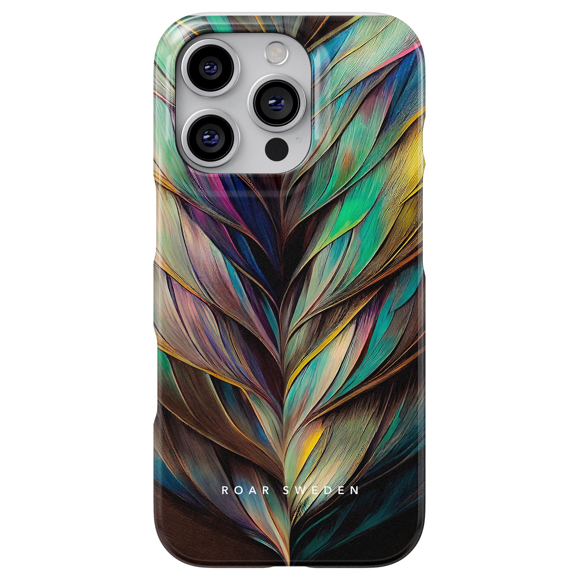 A smartphone outfitted with the Feathers - Slim case, showcasing colorful feathers and the elegantly displayed text "Roar Sweden" at the bottom.