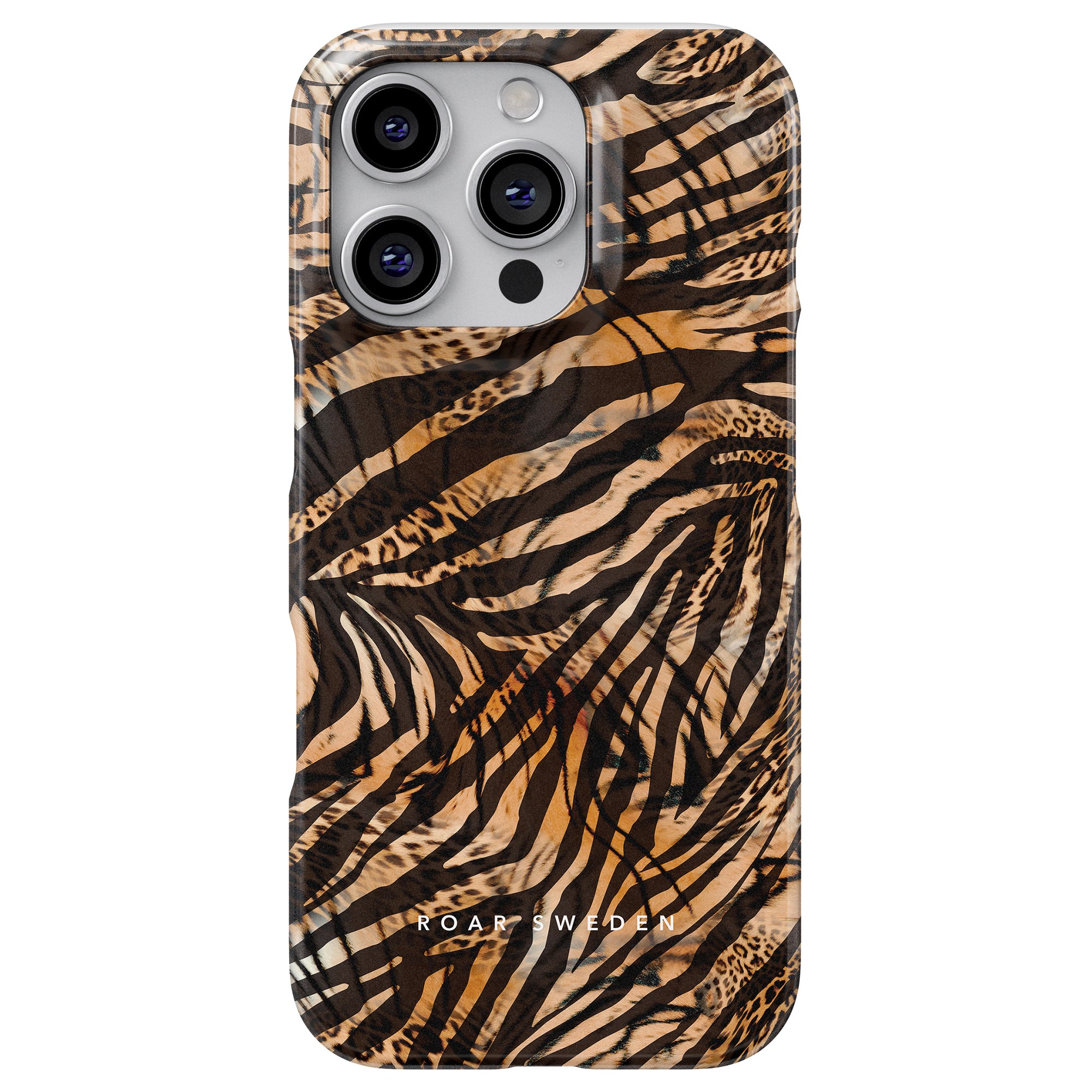 A phone outfitted with the Fierce - Slim case, showcasing a striking tiger stripe design. It is equipped with three camera lenses and prominently features the "Roar Sweden" logo at the bottom, providing both style and protection for the device.