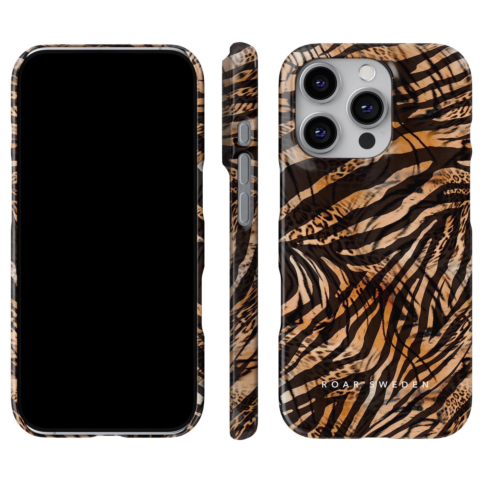 The Fierce - Slim case features a brown and black animal print design, combining style with protection. This livsstilsdeklaration accessory is showcased from the front, side, and back, emphasizing its chic appeal while providing optimal skydd for your smartphone.