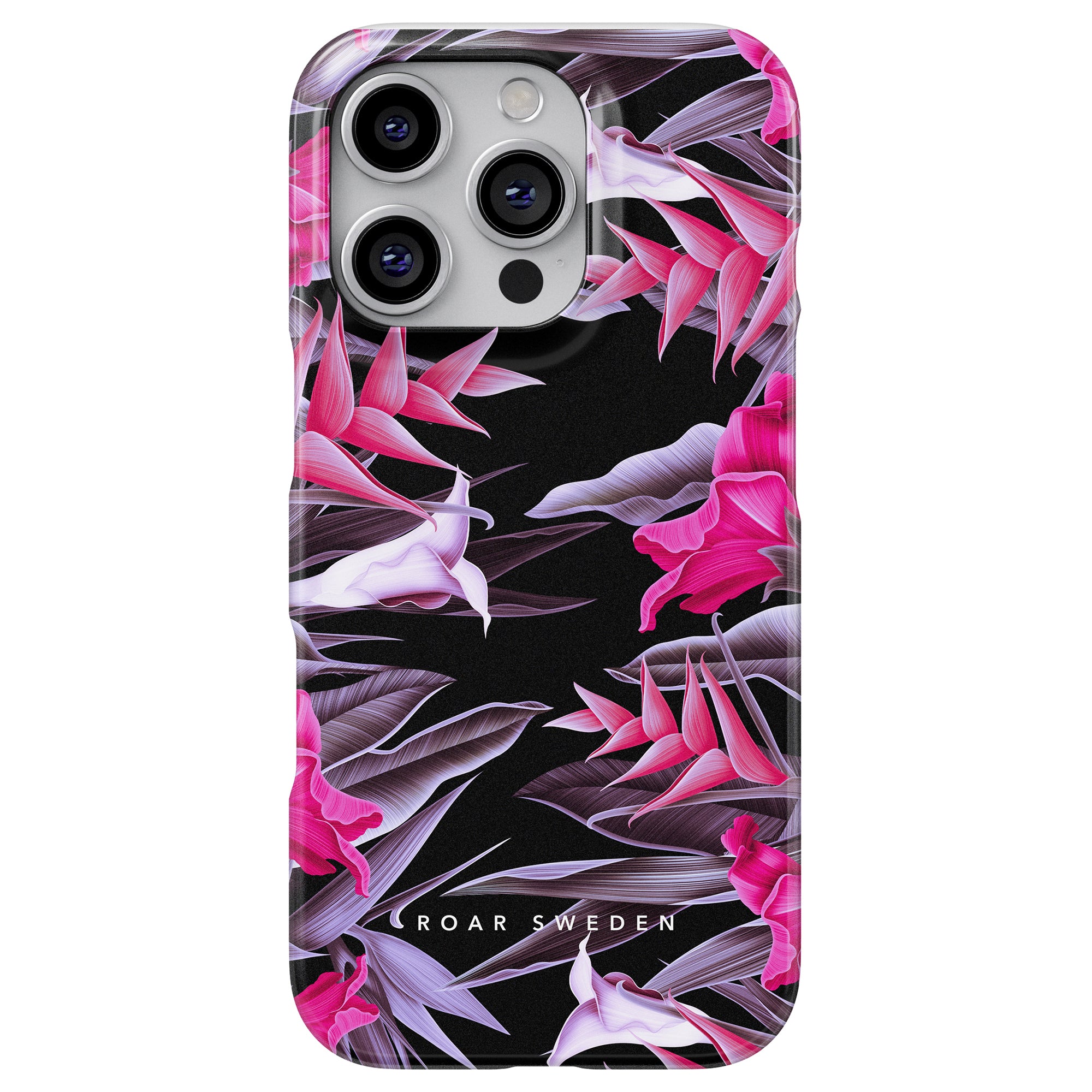 The Firebird - Slim case by Roar Sweden boasts a vibrant pink and purple tropical flower design set against a black background, capturing an exquisite botanisk aesthetic.