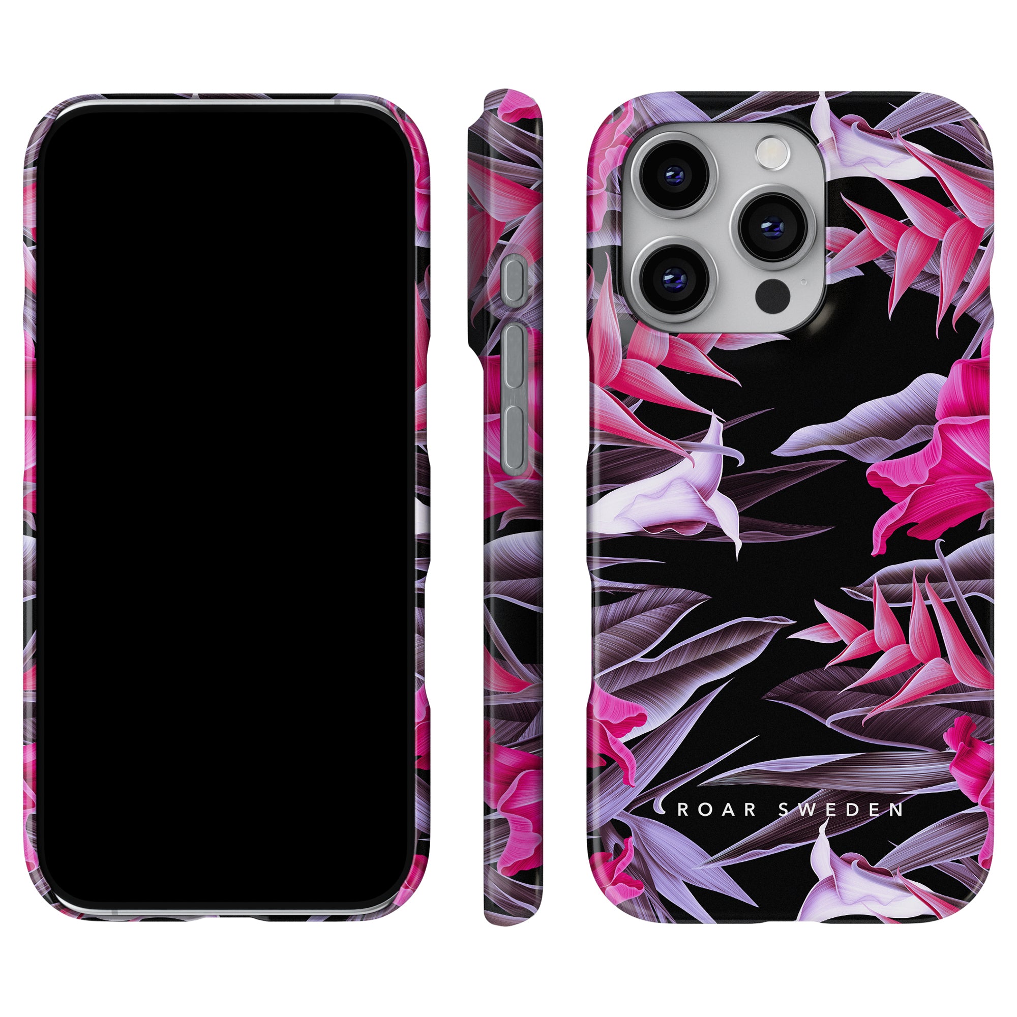 Firebird - Slim case with vibrant pink and purple orkidéer, featuring a stunning botanisk design, shown from front, side, and back.