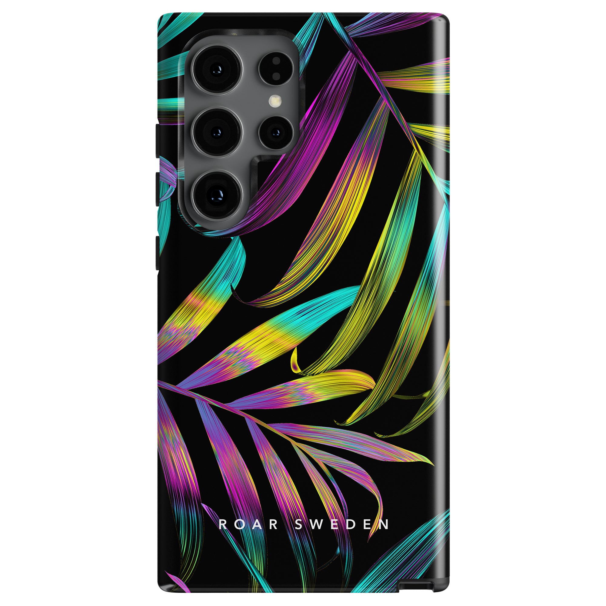 A Fluorescence - Tough case with a sleek black background, adorned with colorful abstract leaf patterns in vibrant neonfärger and the text "ROAR SWEDEN" at the bottom.