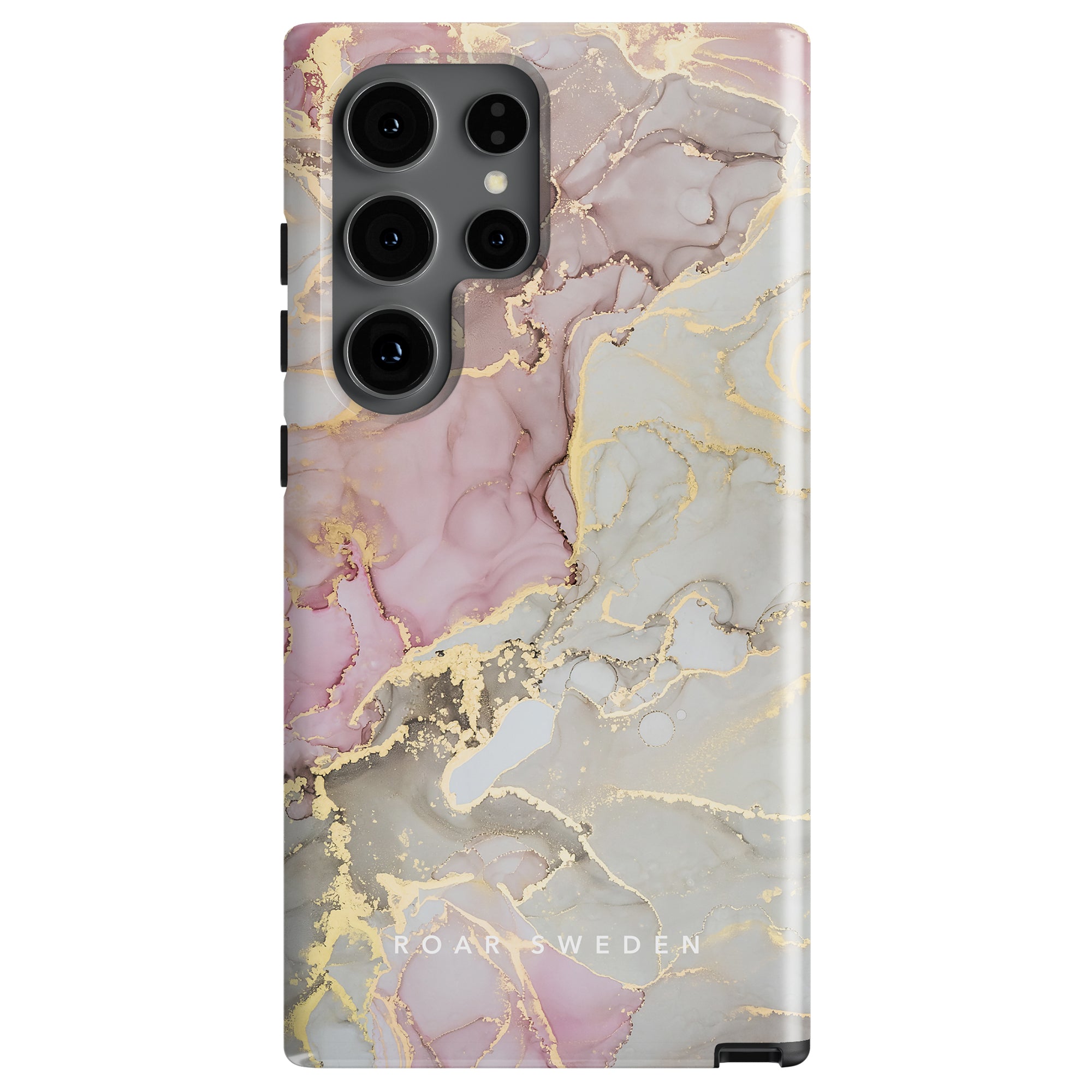 A smartphone with a pink and grey marble-patterned Glitter - Tough case featuring gold accents, with the brand name "ROAR SWEDEN" visible at the bottom. Four rear camera lenses are prominently shown on the top left, perfectly fitting both Samsung and iPhone models.