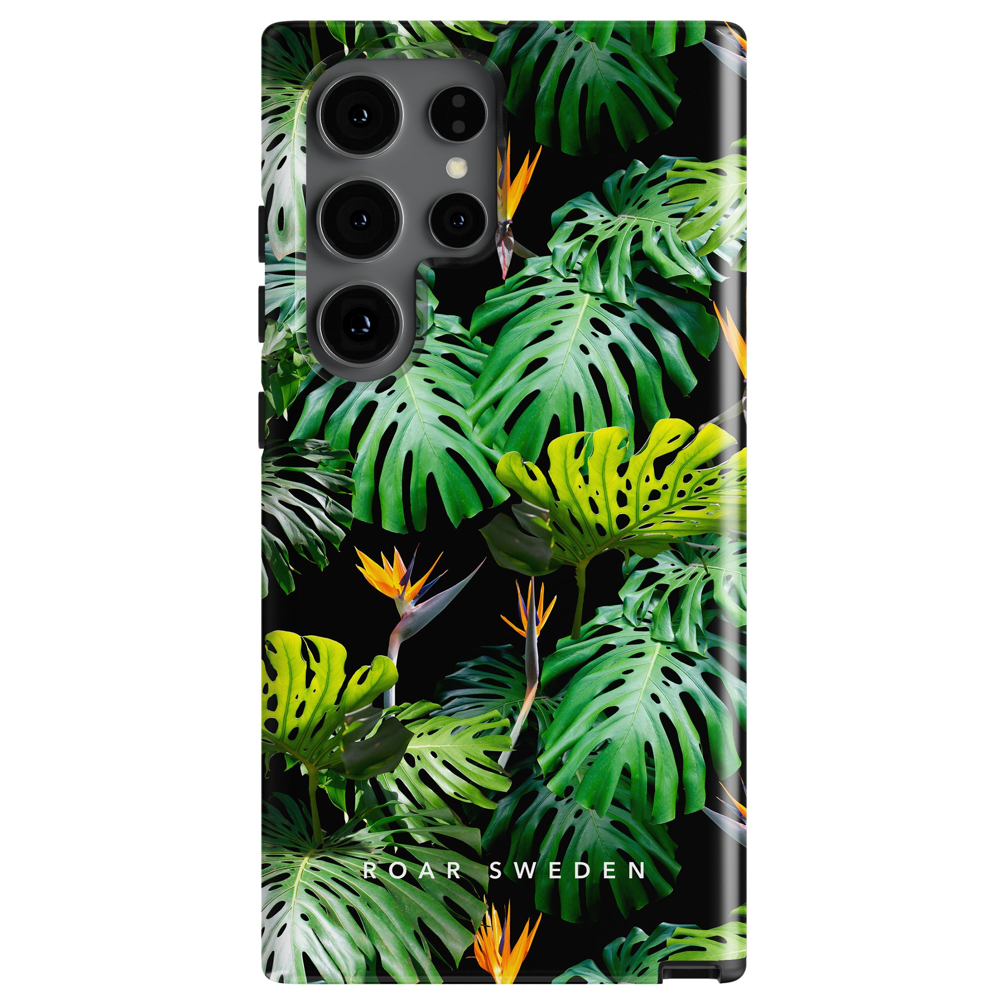 Hawaii - Tough case featuring palmbladsmönster and bird of paradise flowers, branded with "Roar Sweden," offering starkt skydd.