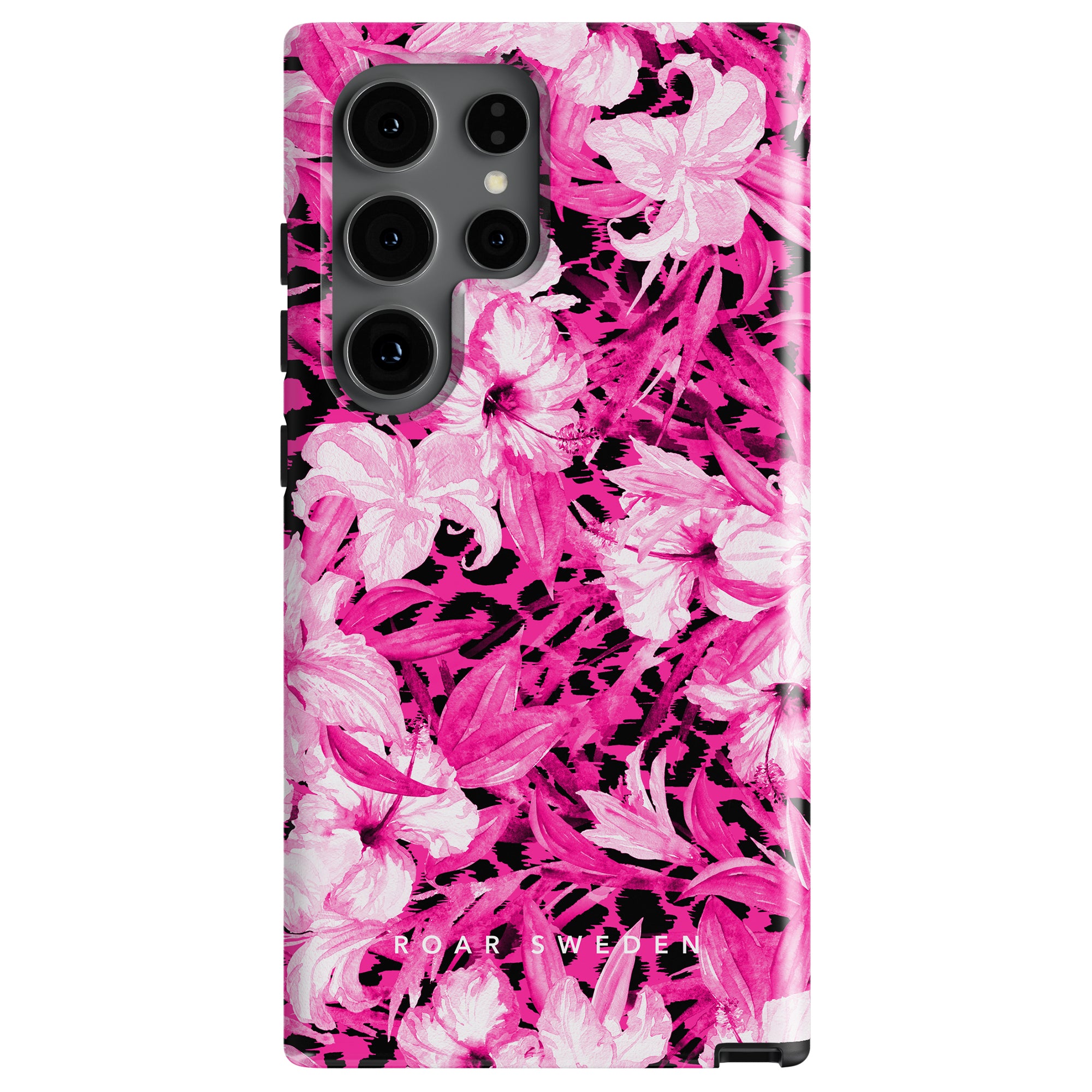 A smartphone with a vibrant pink and white floral patterned tough case labeled "Hibiscus Leo - Tough case," featuring a hint of Hibiscus Leo elegance.