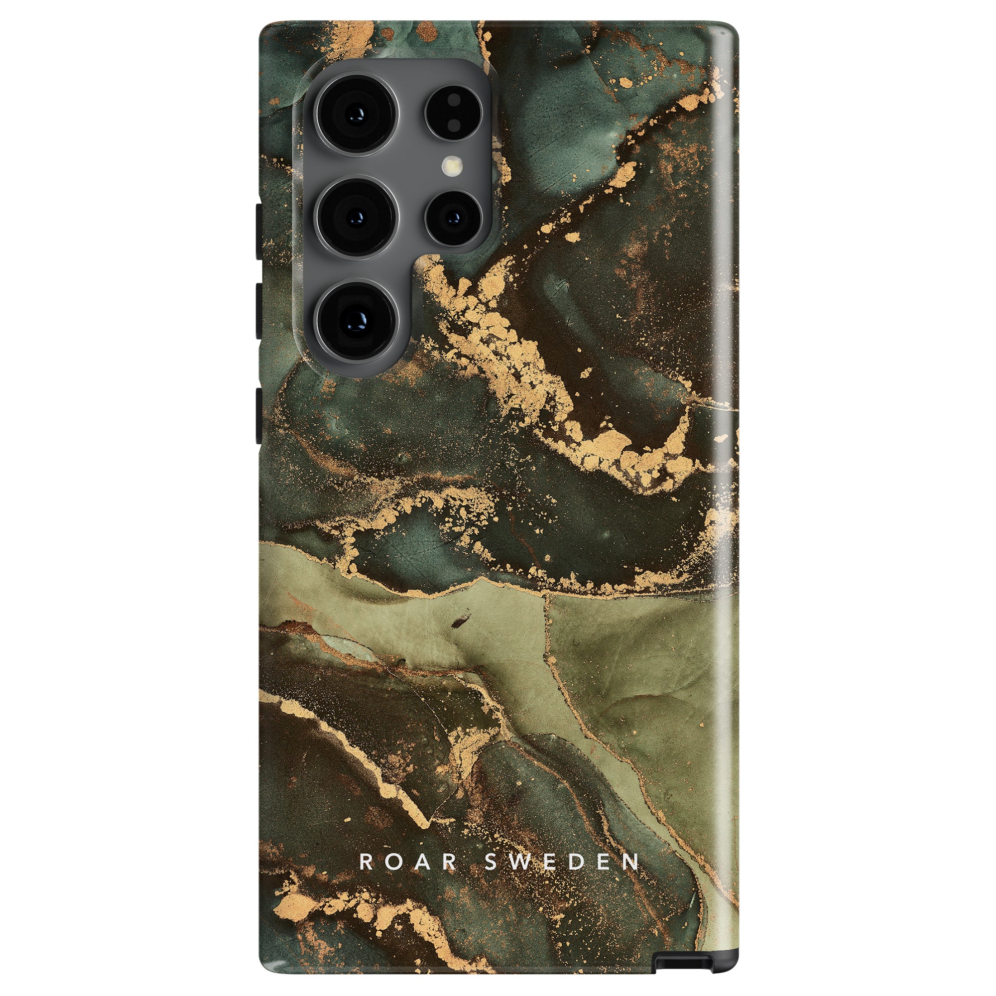 A smartphone with a dark green and black marbled design case, featuring accents of gold and the text "ROAR SWEDEN" at the bottom, embodies marmorliknande estetik. The Jade - Tough Case also ensures robust skydd.
