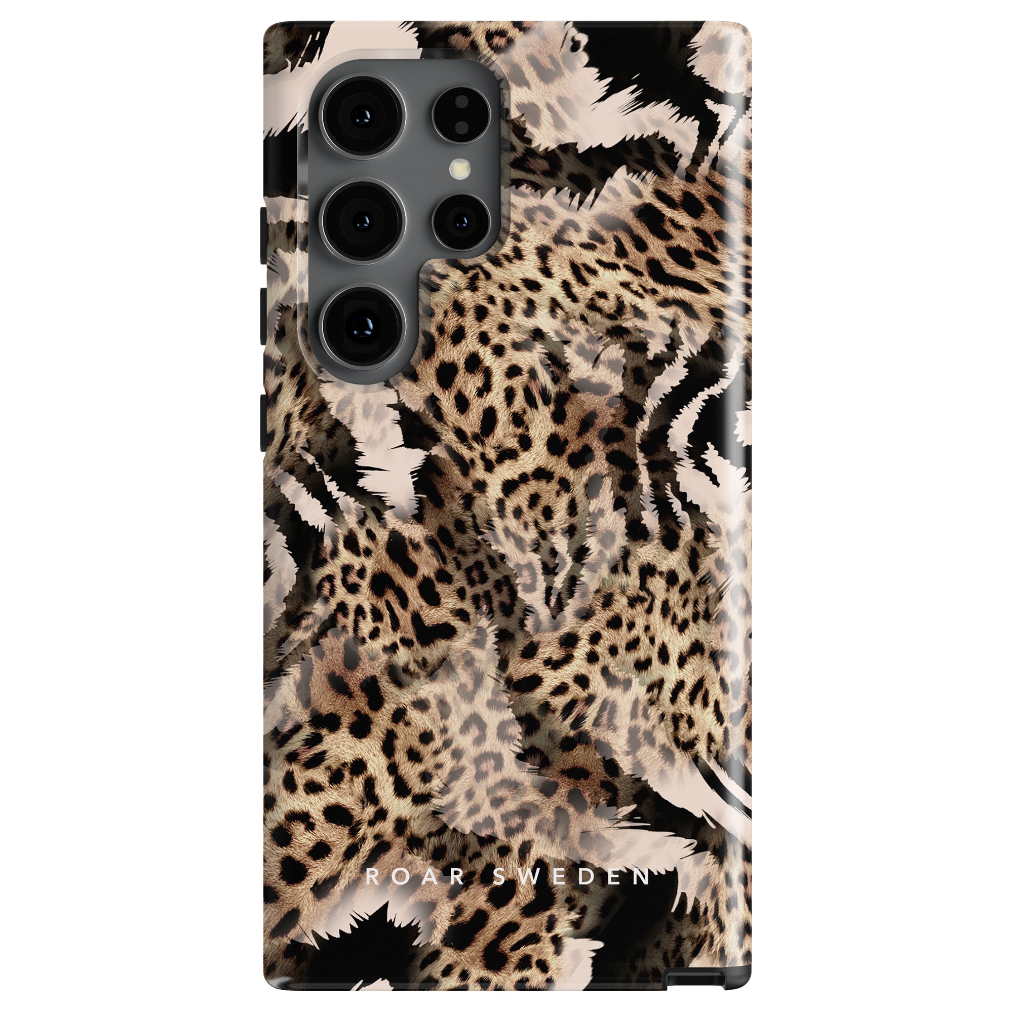 A smartphone with a Kenya - Tough case featuring both zebra och leopard mönster and "ROAR SWEDEN" written at the bottom, capturing the essence of the afrikanska savannen.