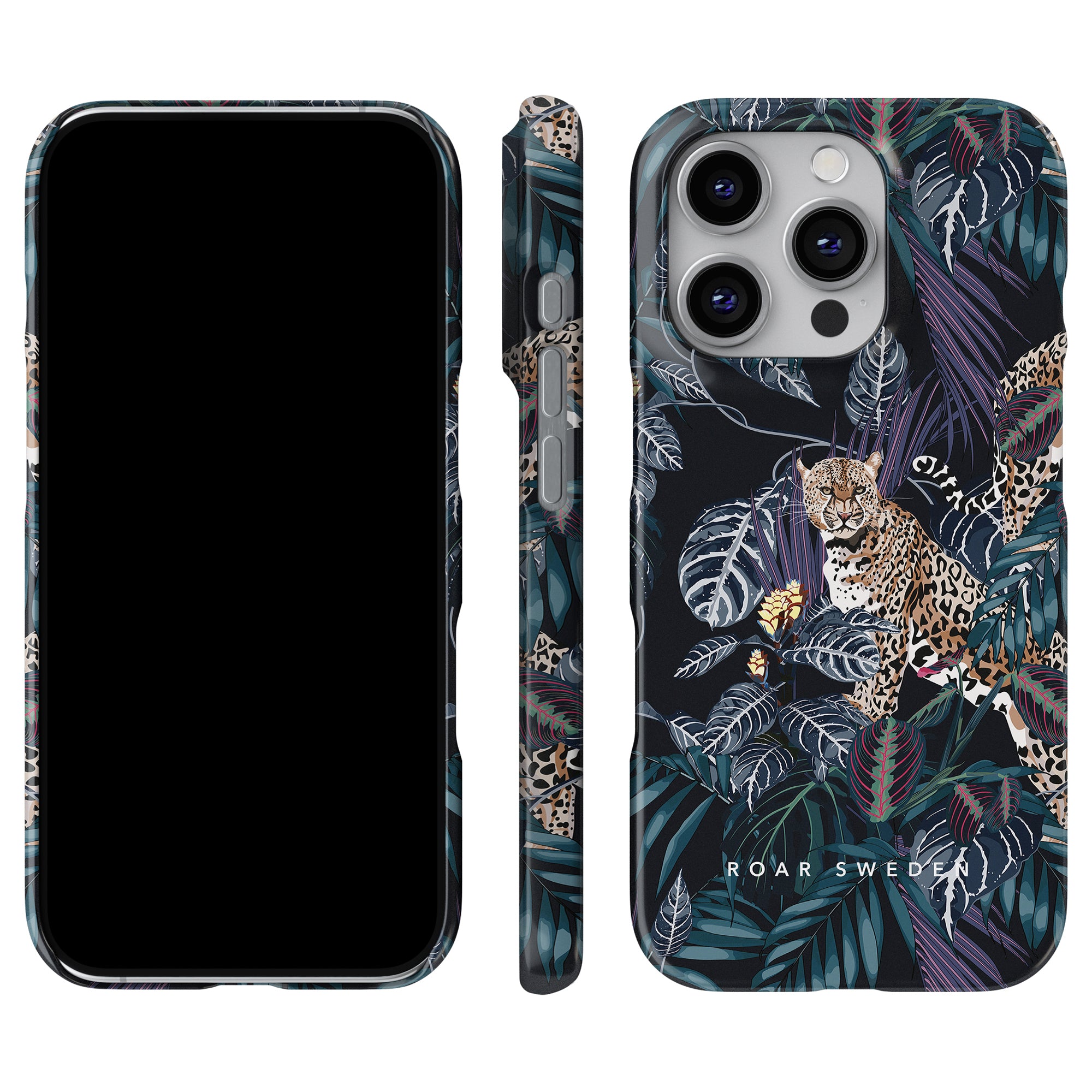 Tre vyer av en elegant smartphone inkapslad i Kingdom - Slim fodral, med en hisnande leopard- och djungellövdesign av Roar Sweden.