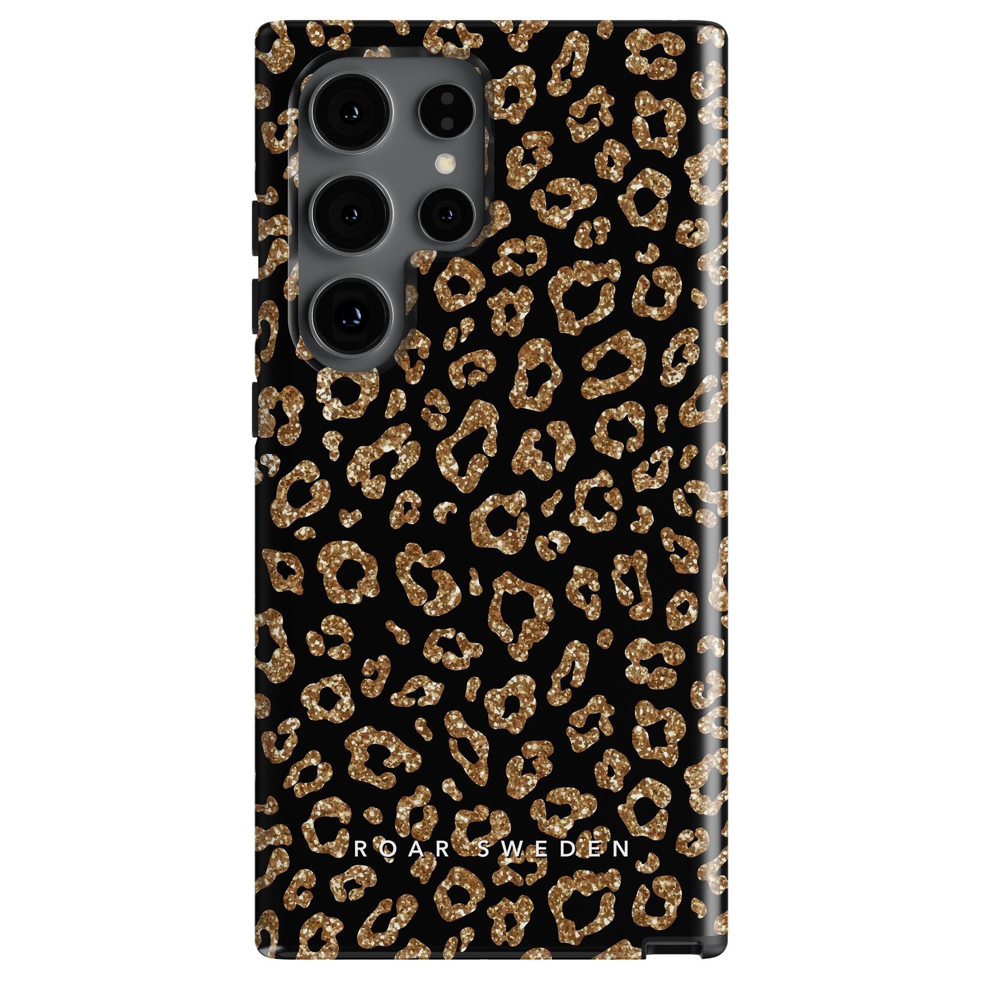 A smartphone in a black *Kitty Glitter - Tough case* with a glittrigt leopardmönster and the text "ROARSWEDEN" on the bottom.