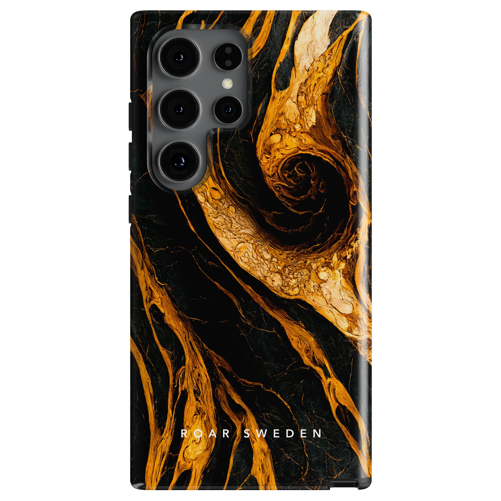 A smartphone with a black and gold abstract design on its back cover. The cover, acting as an elegant Lava Swirl - Tough case, showcases the text "ROAR SWEDEN" displayed at the bottom.