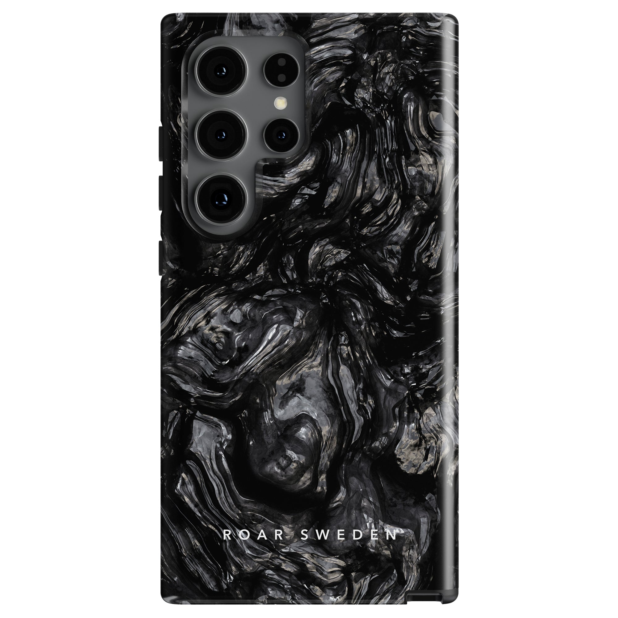 Smartphone with a black, marble-patterned case and multiple rear cameras. "ROAR SWEDEN" is written on the bottom of the sleek mobilskal, combining elegance with durability akin to a Lava Stone - Tough Case.