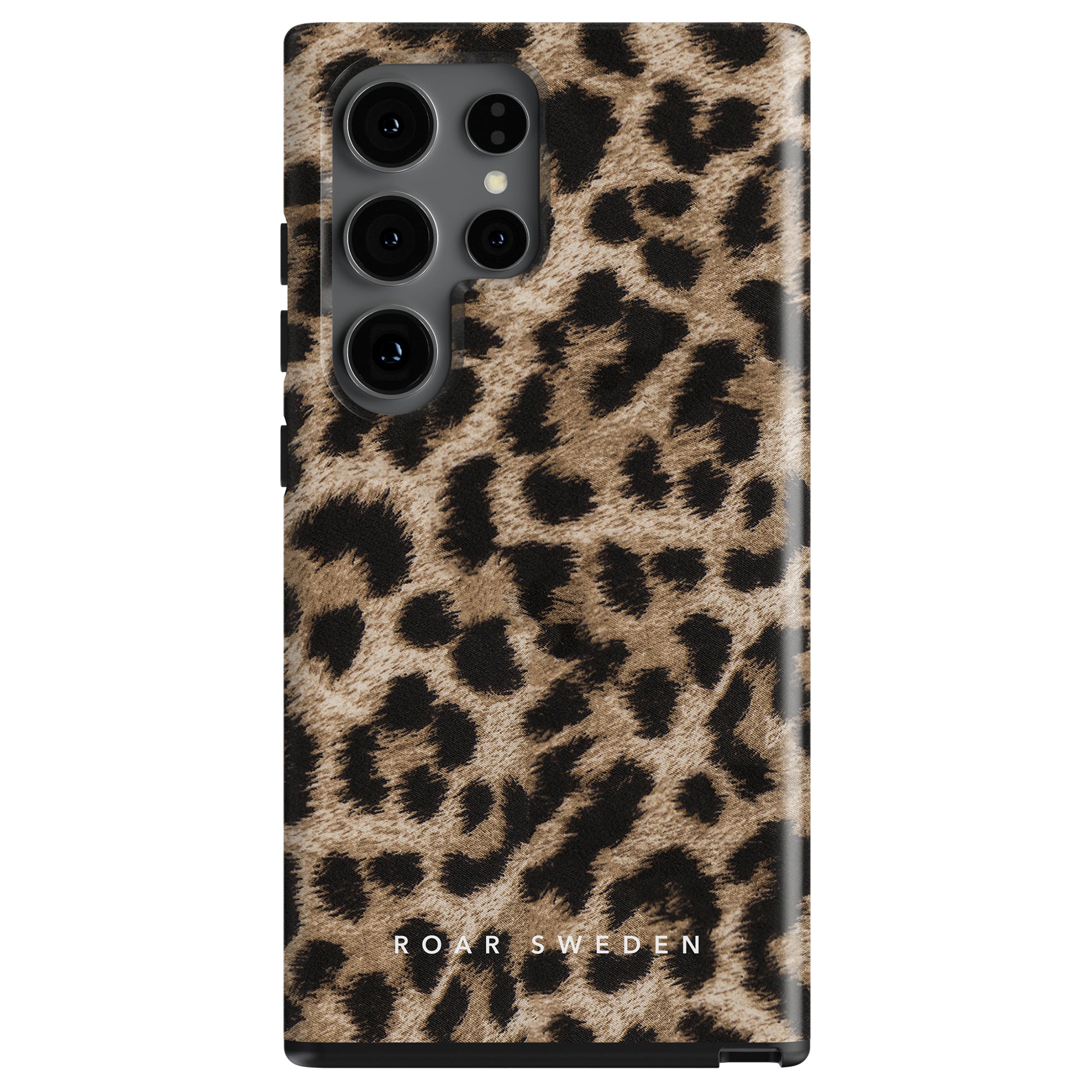 A smartphone with a Leopard - Tough case design and a triple-lens camera.