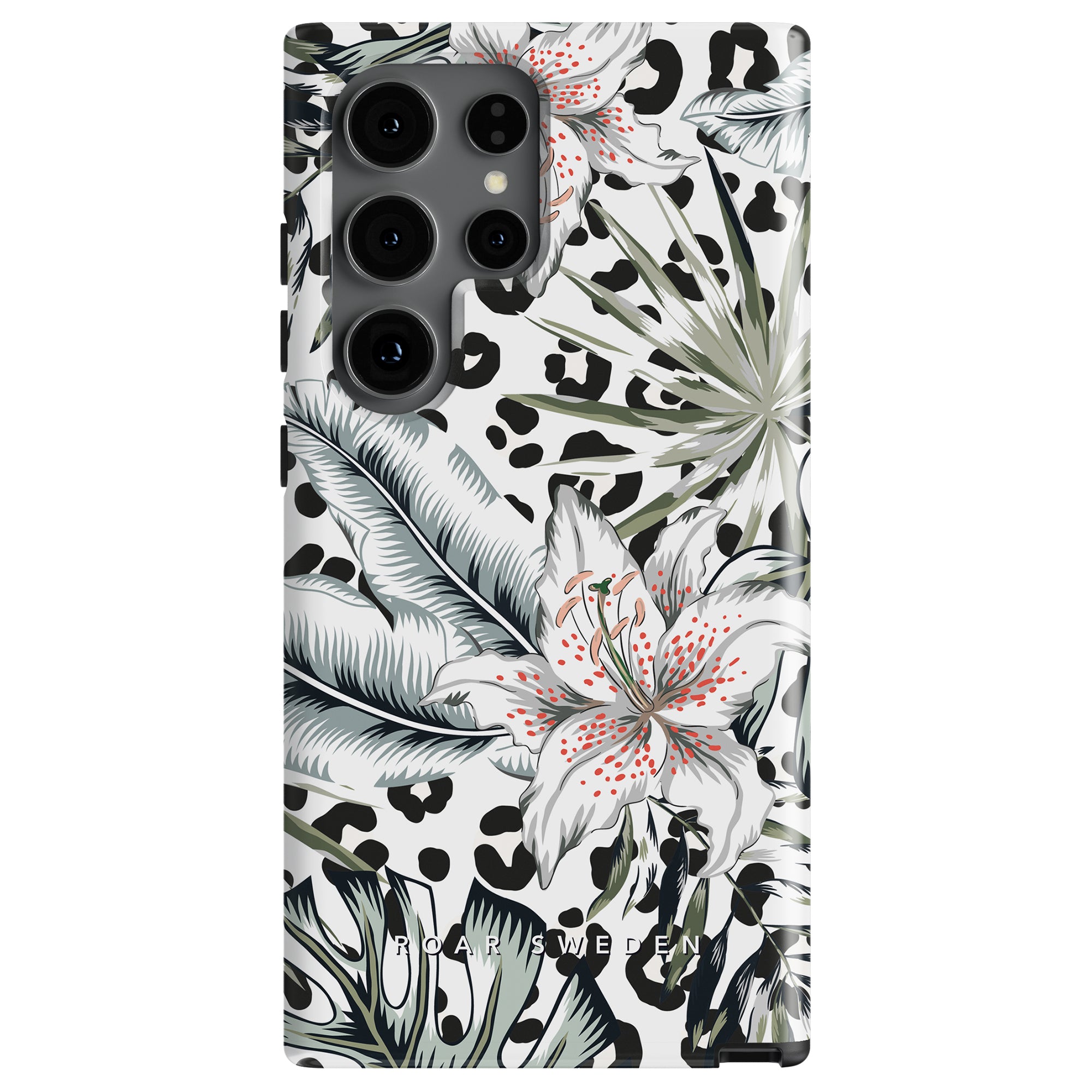 Lily - Tough case with floral and leaf patterns, featuring vita liljor with pink accents, green palm leaves, and a black leopardmönster background. The word "SCARVESWEEN" is printed at the bottom.