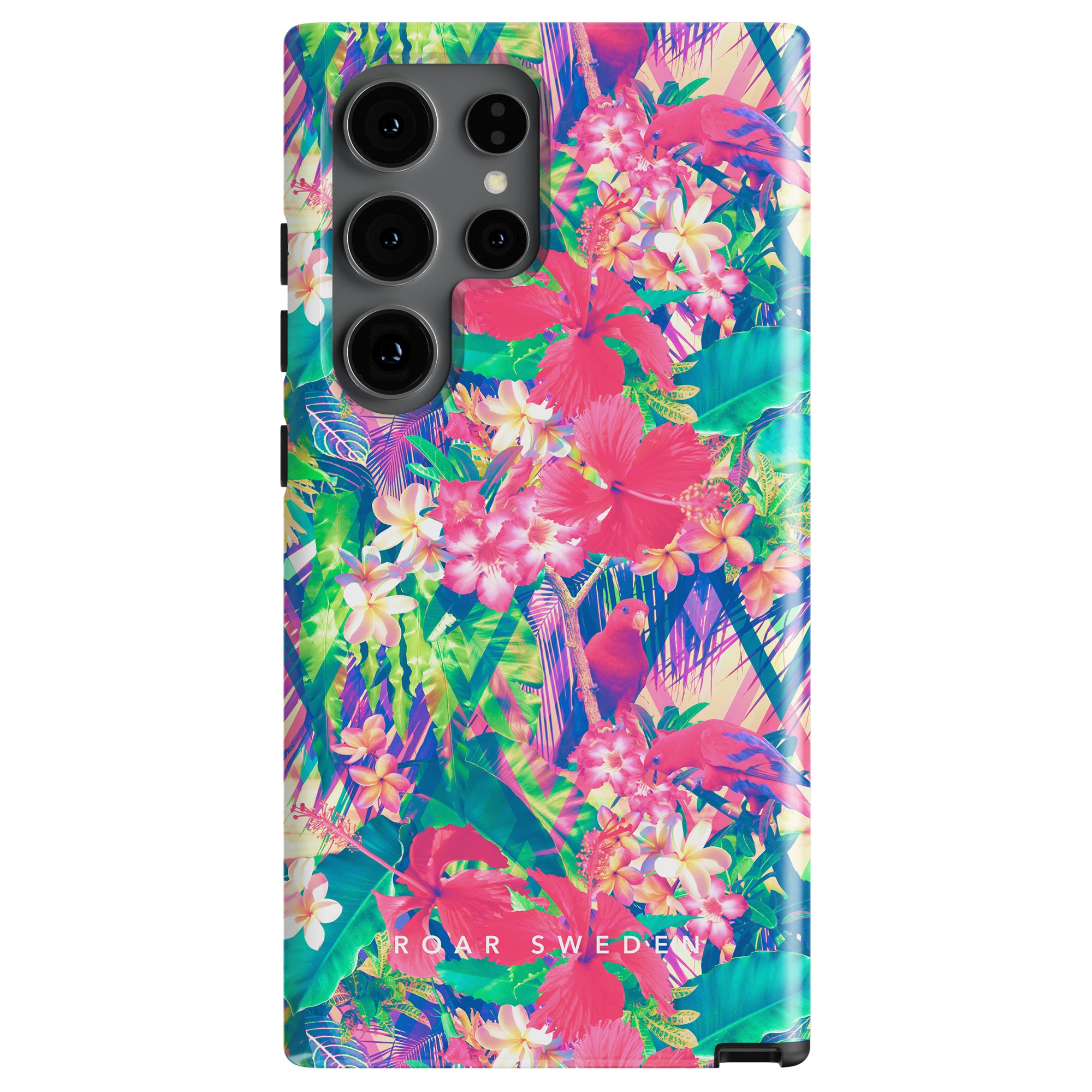 A smartphone with an orientalisk mobilskal featuring a colorful floral design in shades of pink, green, and blue, with "Lola - Tough case" written at the bottom.