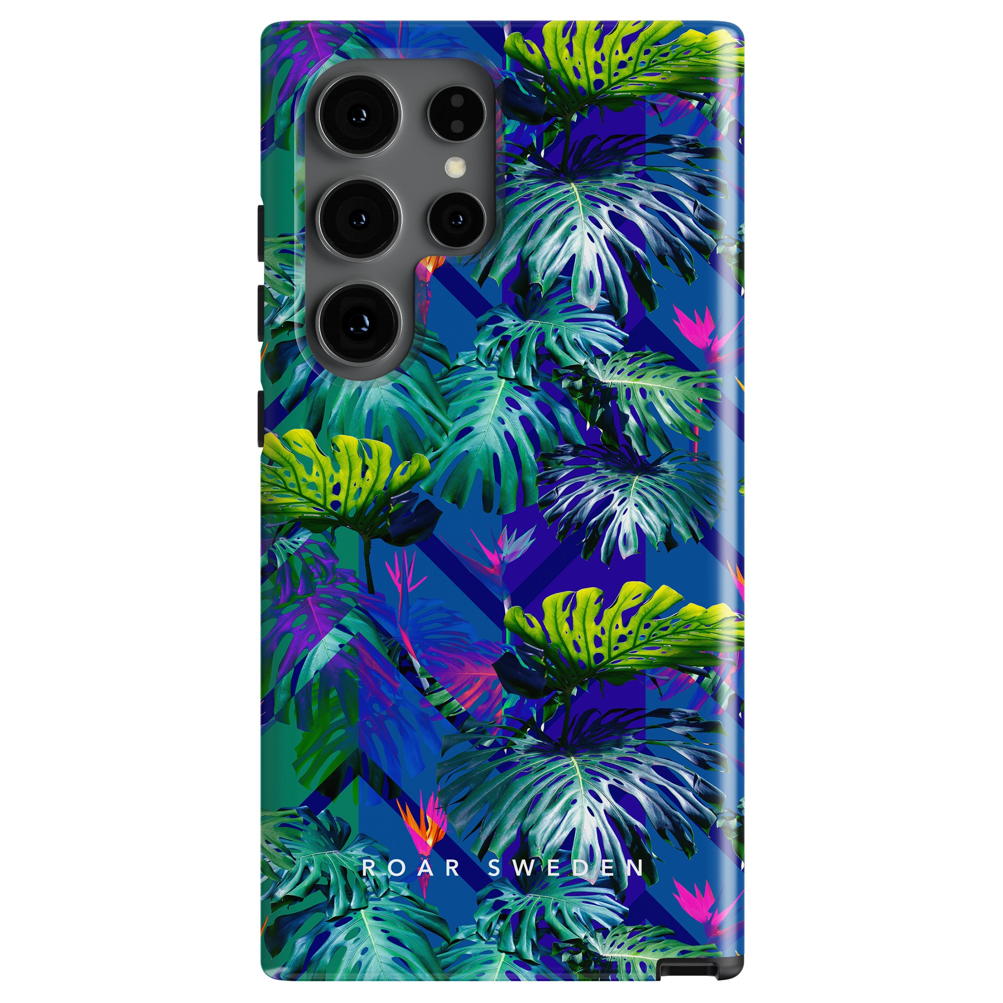 A Maui - Tough case, showcasing a vibrant tropical leaf pattern in shades of blue, green, and purple, inspired by tropisk skönhet. The brand name "Roar Sweden" is printed at the bottom.