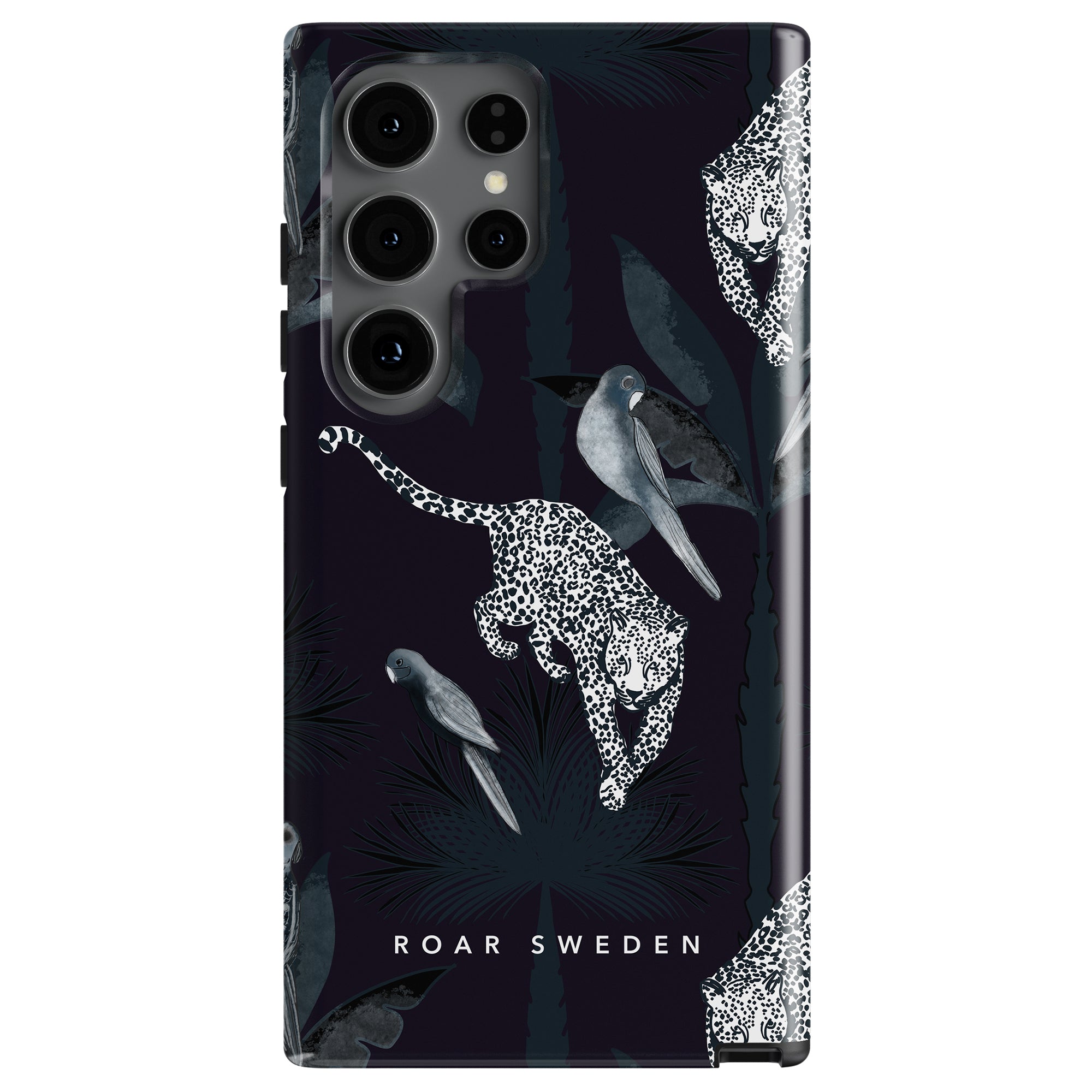 A Melas - Tough Case with a black case featuring a printed design of white leopards and birds among abstract foliage, plus the text "ROAR SWEDEN" at the bottom provides överlägset skydd.