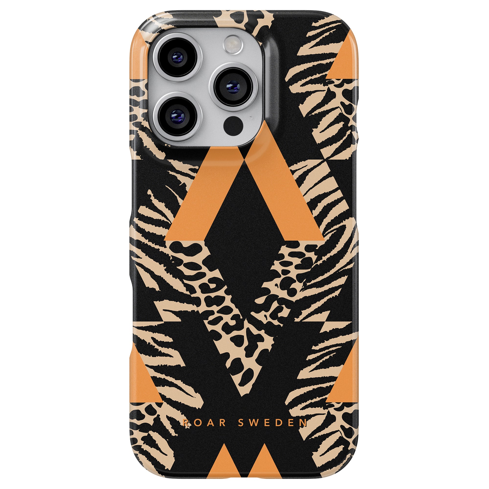 The Miami Slim Case features a sophisticated design with a bold, geometric pattern of leopard and tiger prints in orange and black. Branded as "ROAR SWEDEN," it seamlessly merges stylishness with strong protection.