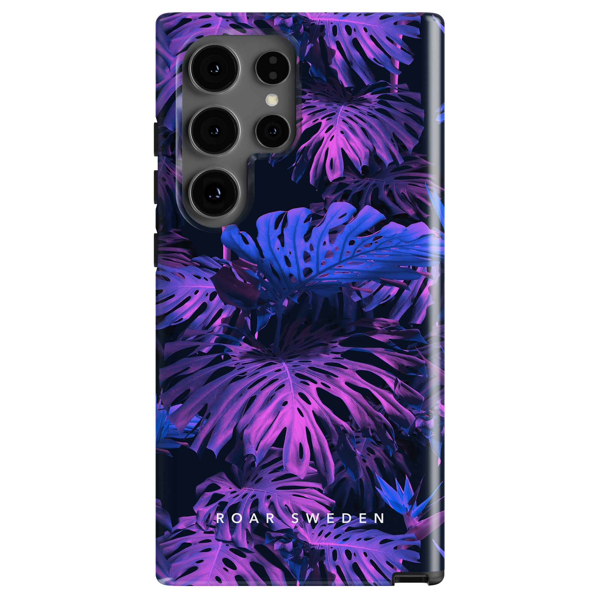 A smartphone with a Monstera Night - Tough case featuring tropical purple foliage and three vertically aligned camera lenses. The bottom of the mobilskal is labeled "ROAR SWEDEN," offering both style and robust smartphone skydd.