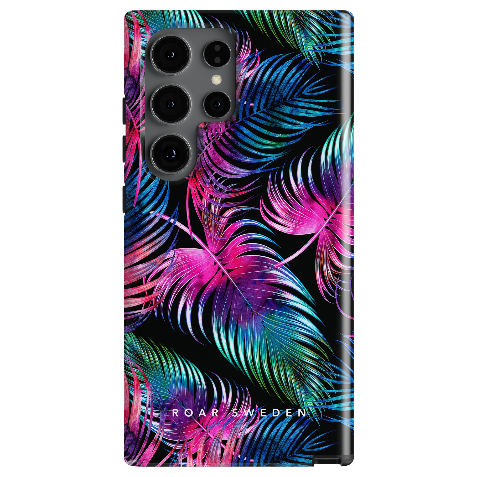 A smartphone adorned with the Neon Fern - Tough case boasts a colorful, tropical-themed design featuring vibrant palm leaves in shades of pink, blue, and green against a black background—all while providing hållbart skydd.