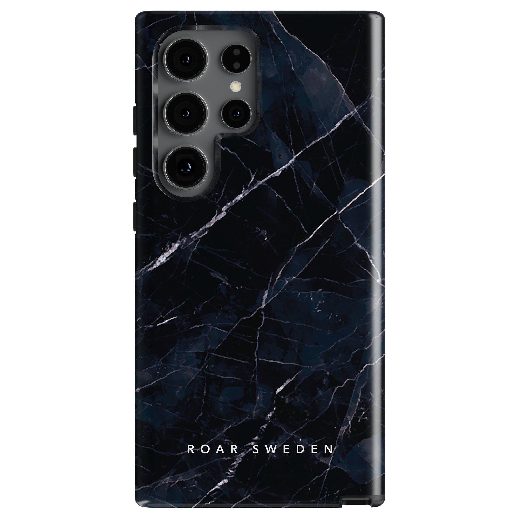 A Nero - Tough case with a svart marmor design featuring white veins and "Roar Sweden" branded text at the bottom. This mobilskal has cutouts for four camera lenses and a flash, providing elegant protection for your device.