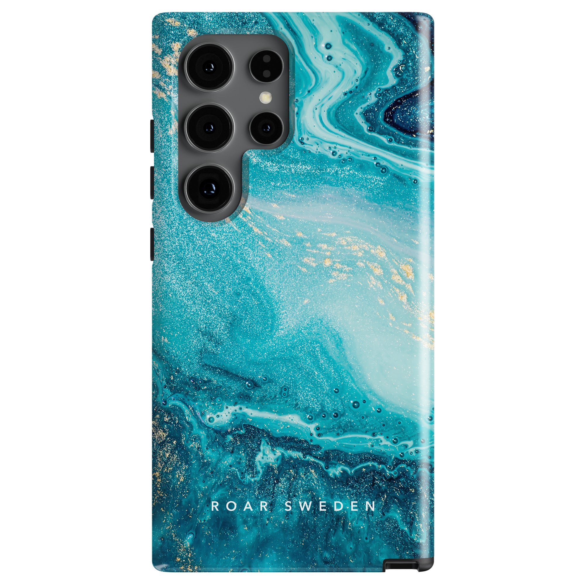 Phone case with a blue and turquoise marble design and "Roar Sweden" text at the bottom. The Pacific - Tough case features cutouts for the rear cameras and side buttons, offering both style and functionality.