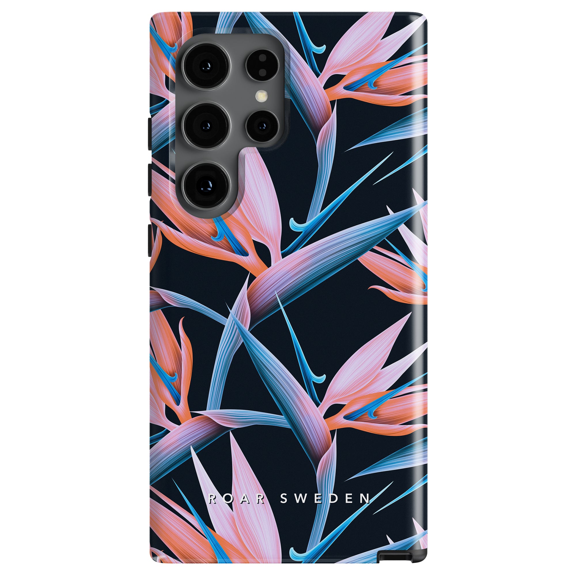 A smartphone with a Paradise - Tough Case featuring a colorful abstract floral pattern in blue, pink, and orange tones. The text "ROAR SWEDEN" is printed at the bottom, adding a stylish touch with its neonfärgade blommor design.