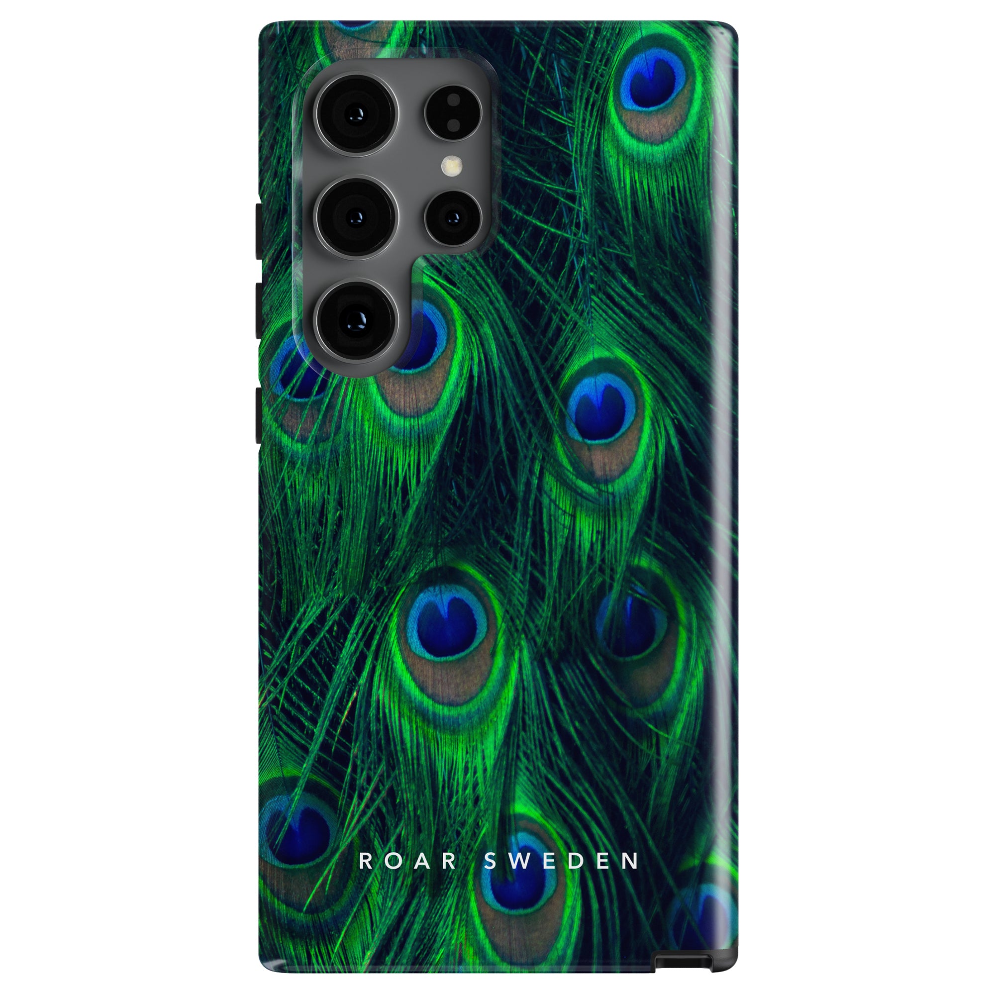 This mobilskal features a stunning design of green peacock feathers with intricate eye patterns and the brand name "ROAR SWEDEN" at the bottom, making it a perfect Peacock - Tough Case.