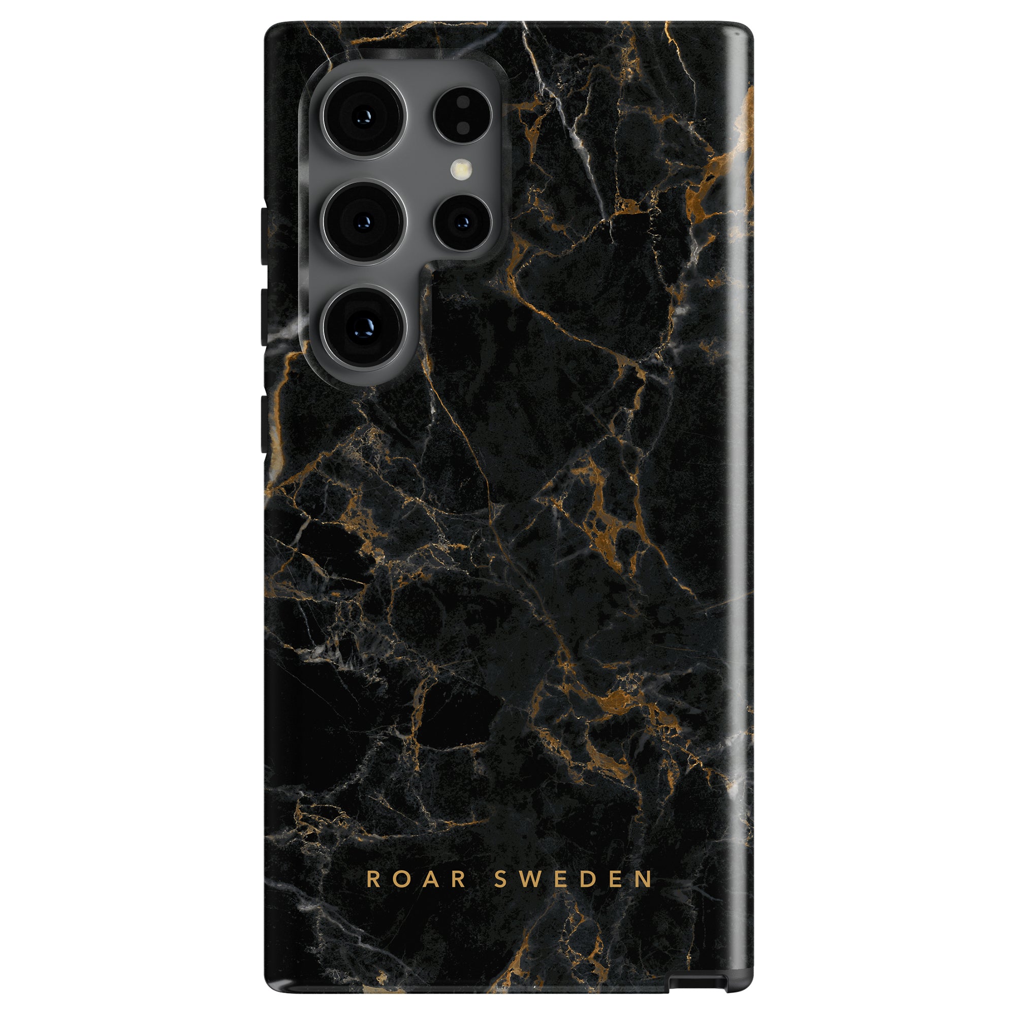 A smartphone with a marmorinspirerad design, boasting a black marble-patterned mobilskal with gold veining and the text "ROAR SWEDEN" at the bottom. The phone's camera module has multiple lenses, featuring the Portoro - Tough Case.