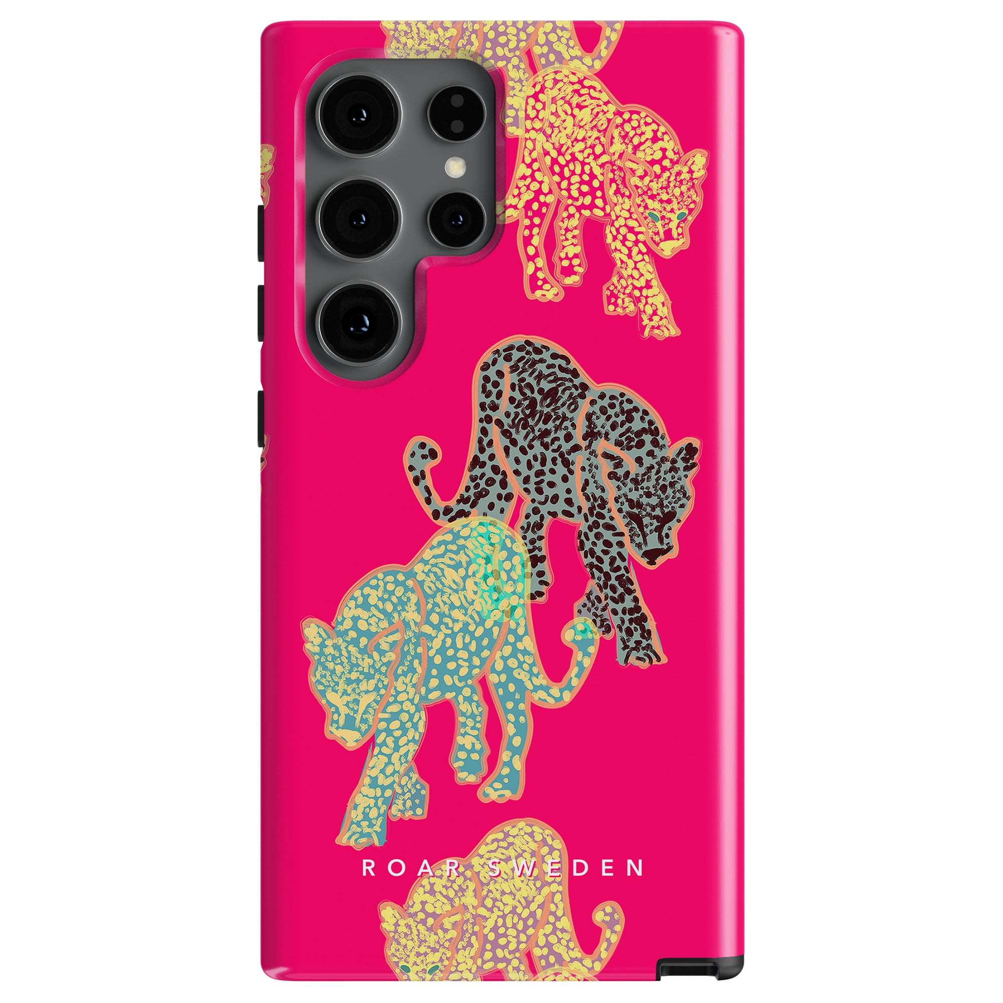 A pink Purr - Tough Case by Roar Sweden, featuring a vibrant leopardmönster with four colorful leopards in yellow, blue, black, and coral. Perfect smartphone skydd for those who want both style and protection.