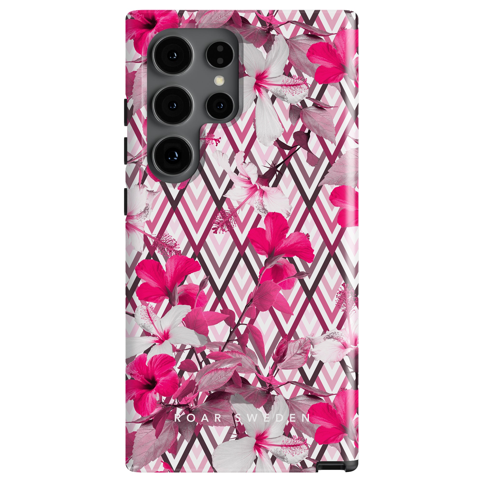 A smartphone with a Rhombus - Tough case featuring a geometric pattern of pink and white diagonal lines, rhombus-formad bakgrund, and rosa och vita blommor.