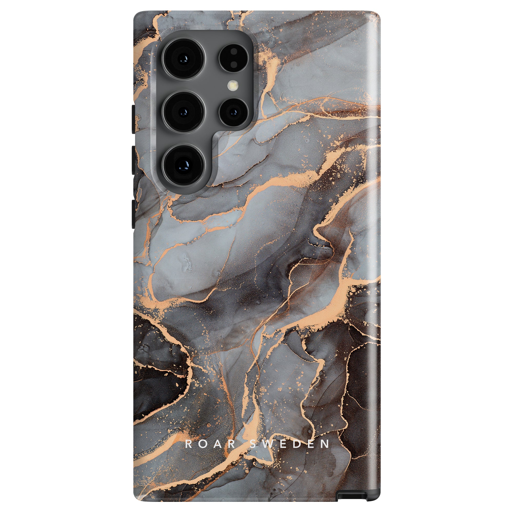Rosy - Tough Case with a marbled design in shades of black, gray, and gold, featuring the brand name "Roar Sweden" at the bottom. This stylish case offers both elegance and essential skydd for your phone.