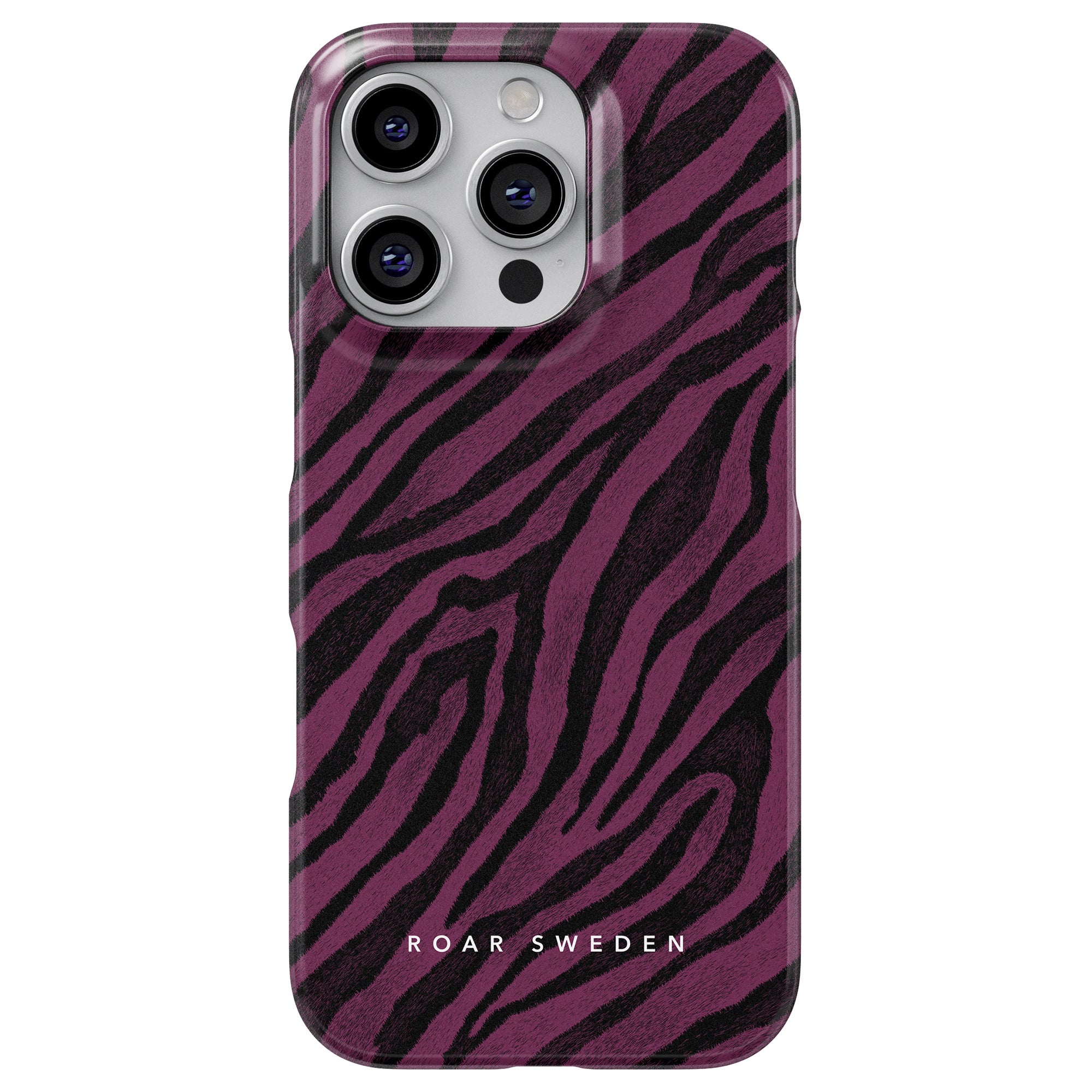 The Shiva - Slim case boasts an elegant purple and black zebra-stripes design, featuring the prominent "ROAR SWEDEN" text at the bottom.