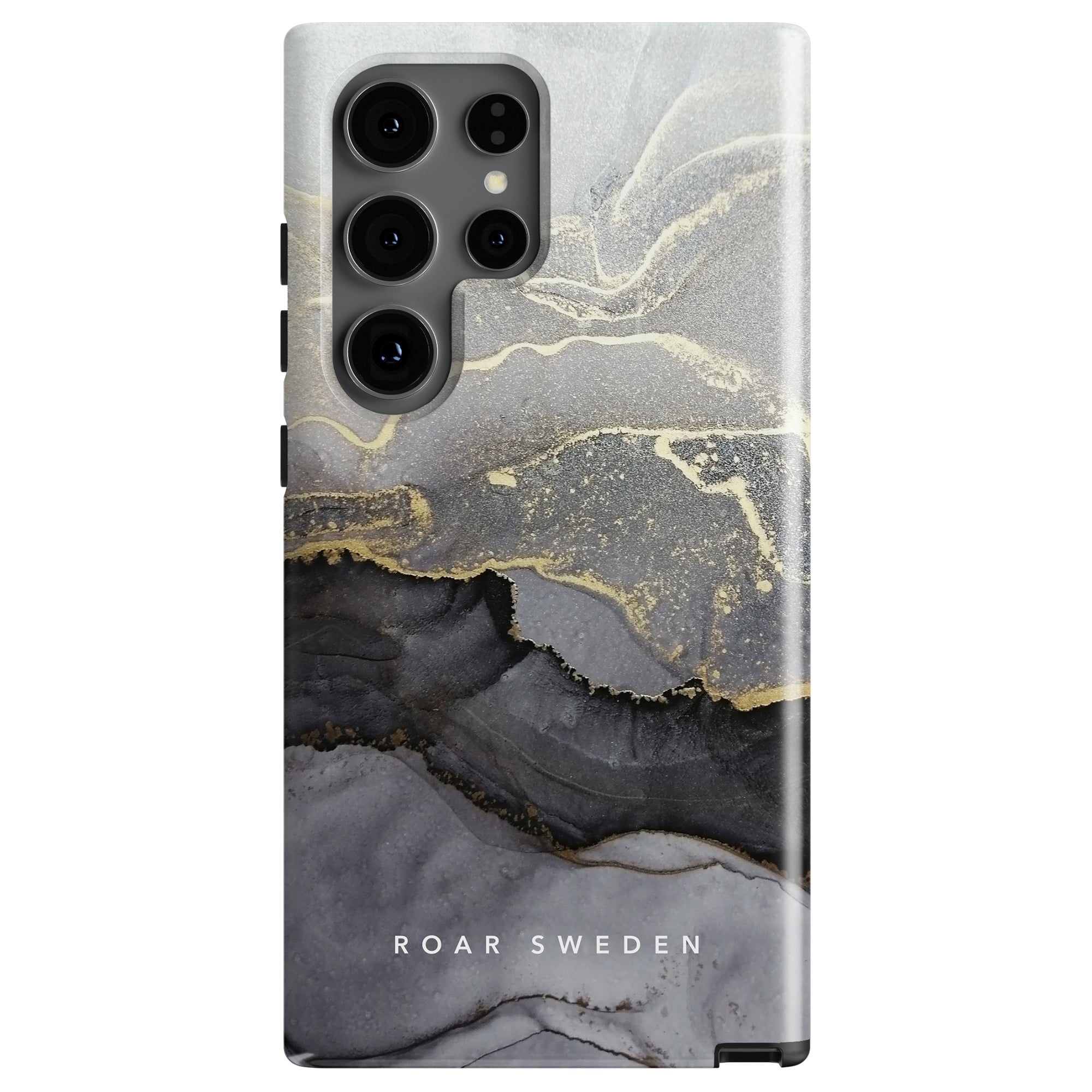 Smartphone encased in a Sparkle - Tough Case with a marmor mobilskal design in shades of gray and gold. "ROAR SWEDEN" is elegantly inscribed on the case. The phone also boasts multiple rear cameras, perfect for capturing every moment.