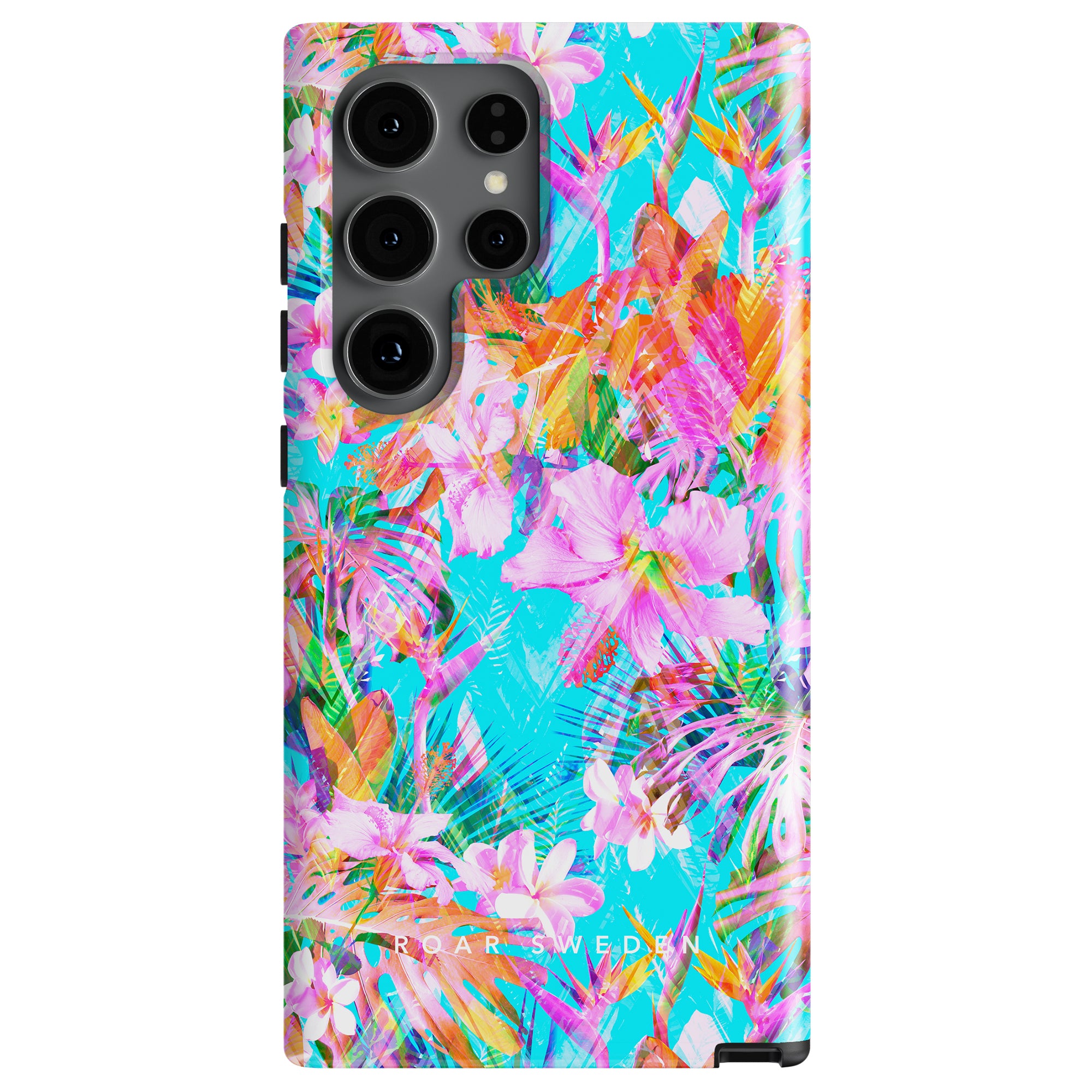 A smartphone with a colorful floral and tropical leaves blommönster case, featuring vibrant hues of pink, orange, green, and blue. This Summer Burst - Tough case is perfect for adding a touch of Summer Burst to your device.