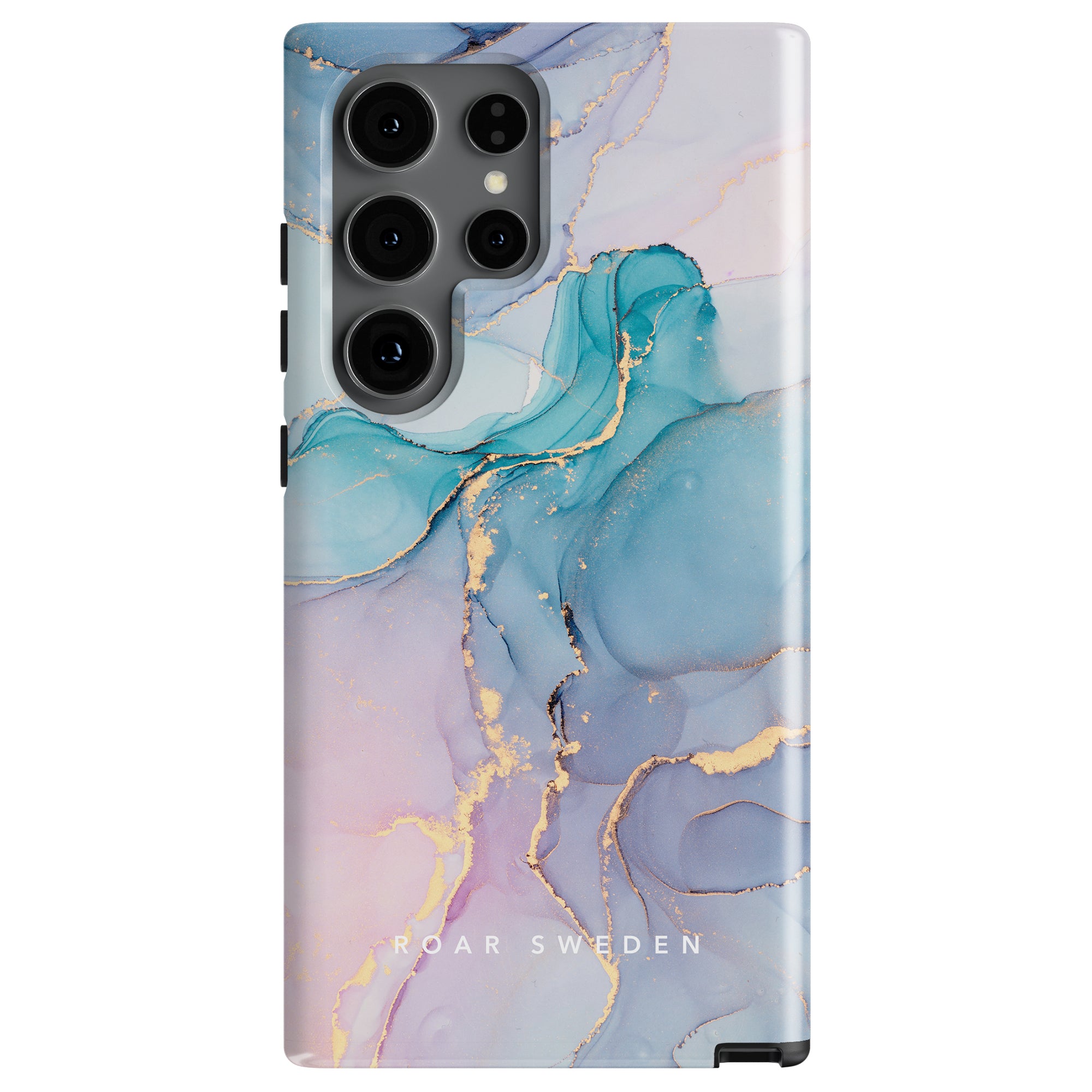 A smartphone with a colorful abstract marbled case featuring shades of blue, violet, and gold accents. The Swirl - Tough case offers hållbarhet with the text "ROAR SWEDEN" at the bottom.