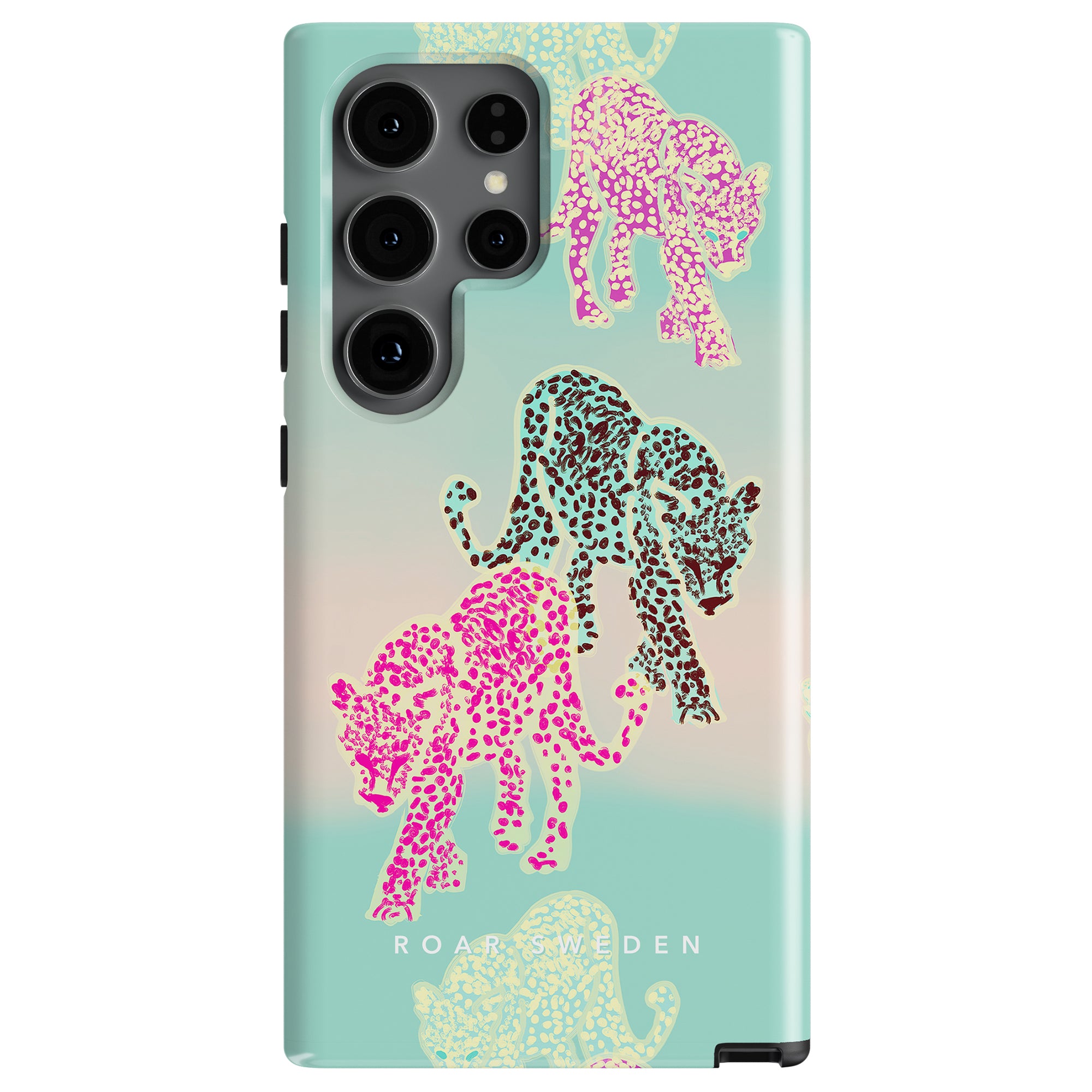 Phone case with a pastel background featuring a pattern of leopards in pink, black, and beige. Text at the bottom reads "ROAR SWEDEN." This Tame - Tough Case offers a modern design that combines style and durability.