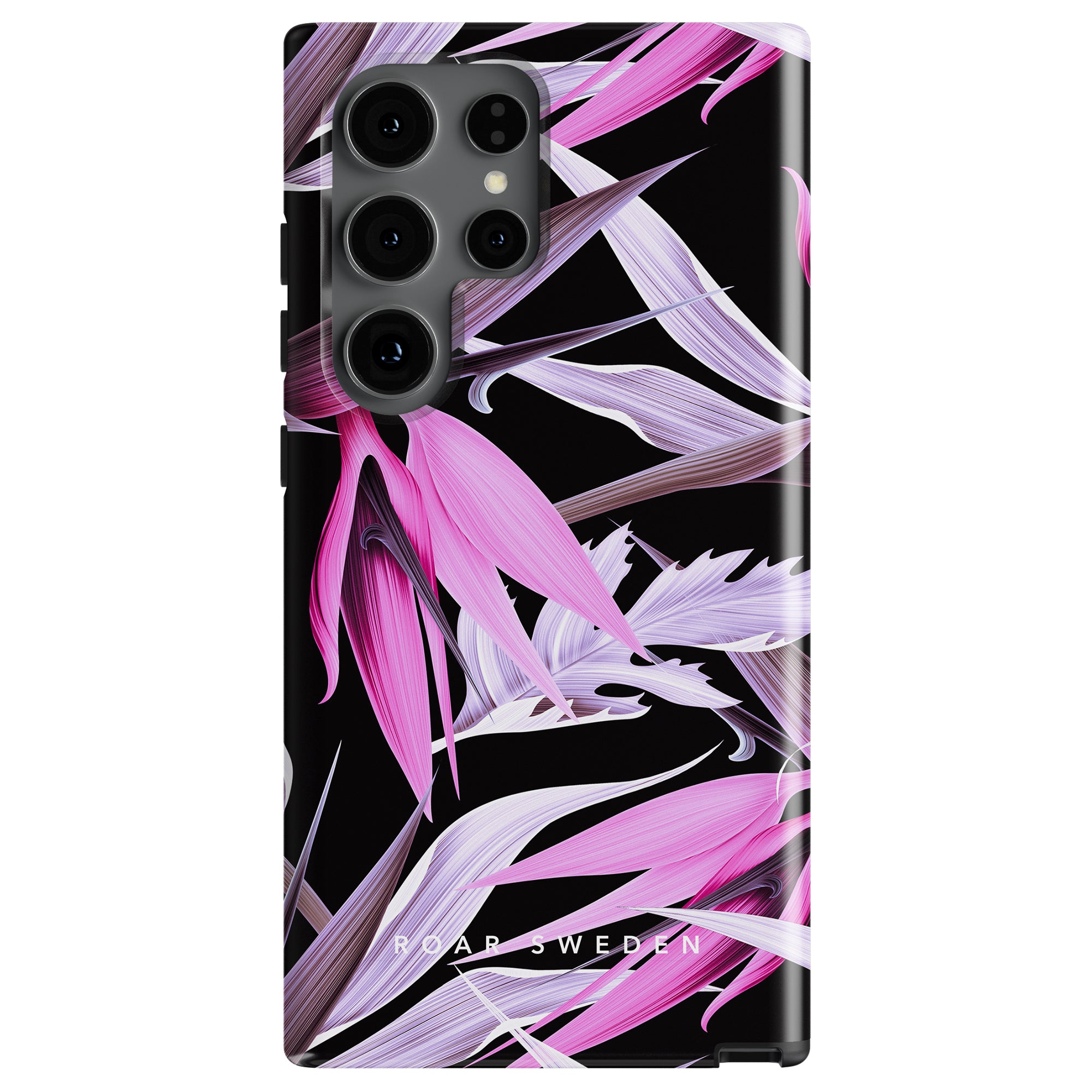 A smartphone with a black "Tropical Night - Tough case" featuring pink and purple abstract floral designs. Four camera lenses are visible on the back. The text "ROAR SWEDEN" appears near the bottom, adding an element of romantik och förförisk charm.